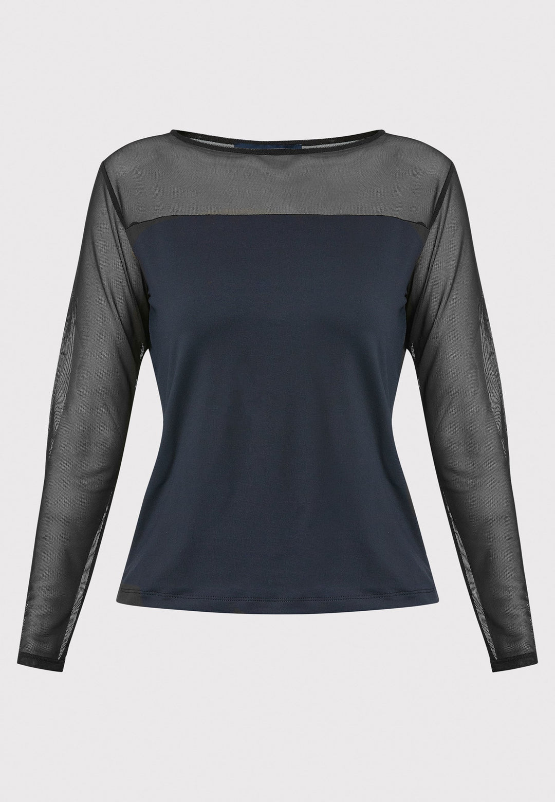 A signature hmca piece. our perennial best-seller back in black. This versatile top features a flattering mesh yoke and sleeves on a snug jersey body. Perfect underpinning to suiting or a more casual pant. Designed by Helen McAlinden in Ireland and made to last in Europe.