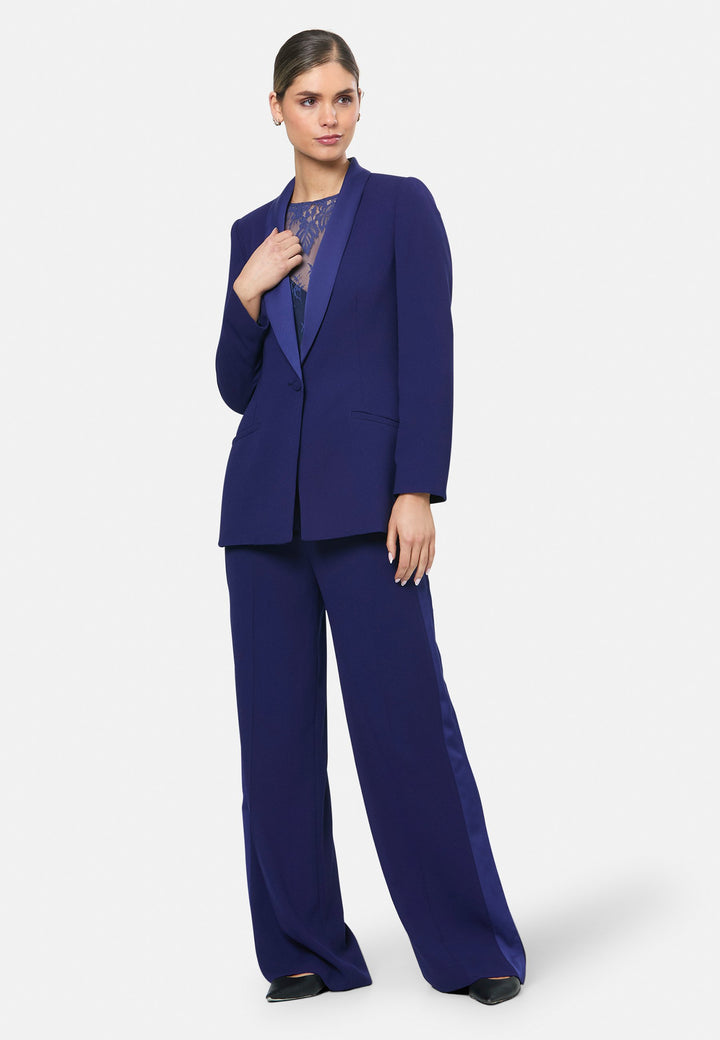 model wearing Aline Ink Blue Tux Trouser
