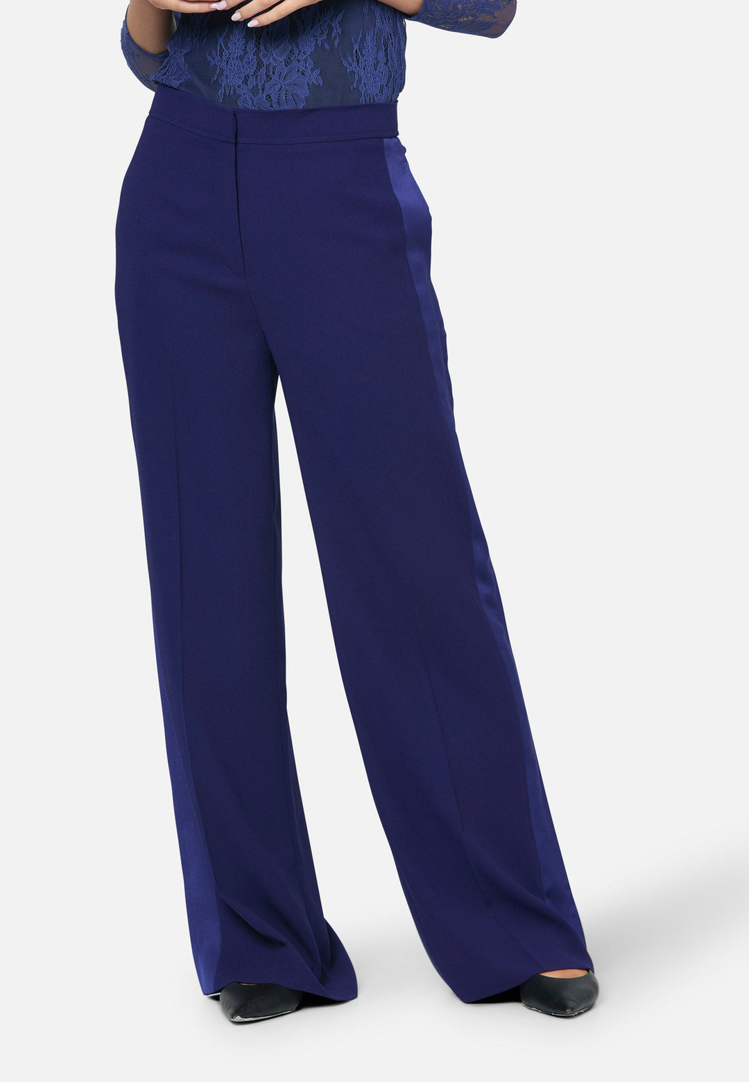 model wearing Aline Ink Blue Tux Trouser