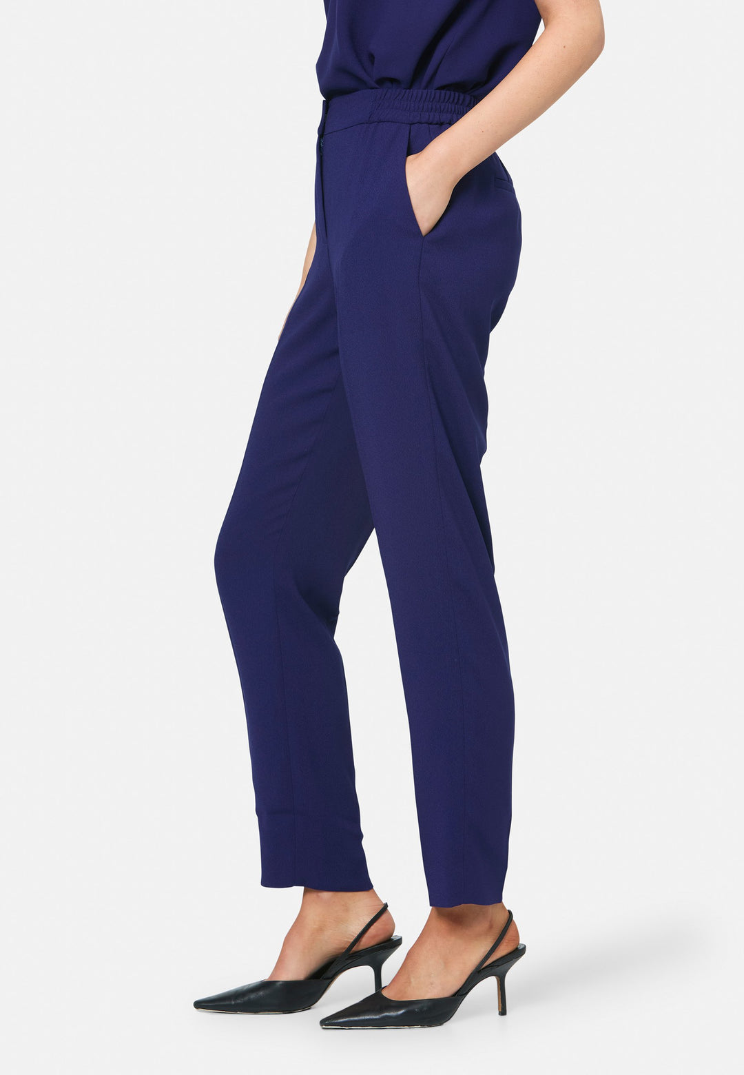 model wearing Ann Ink Blue Trouser