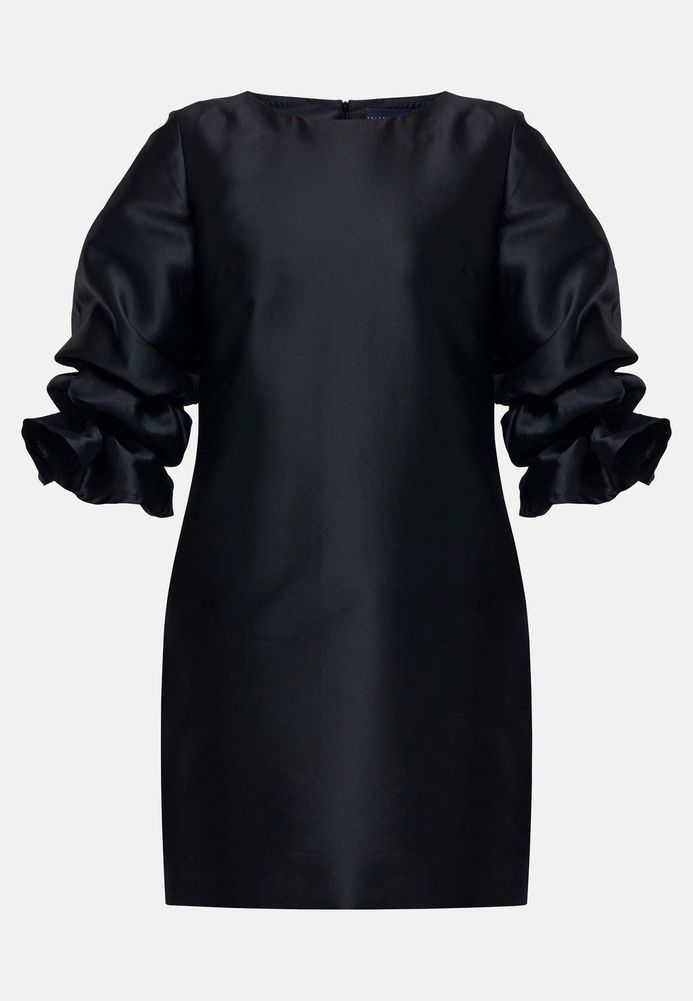 Step into the spotlight with Aurora, a chic short-shift dress in bold black. This stylish piece features a statement puff-ball sleeve, side seam pockets, and falls just above the knee. Crafted from a silk blend taffeta. Make a grand entrance with Aurora, perfect for a soiree or formal dressing.