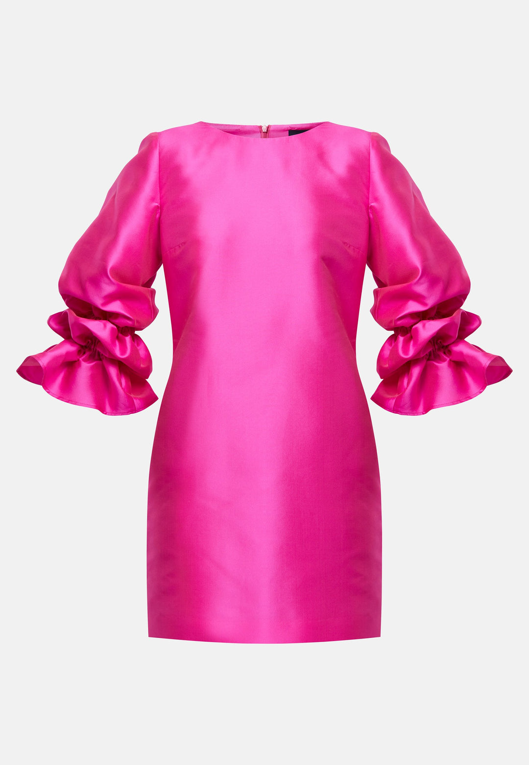 Step into the spotlight with Aurora, a chic short-shift dress in bold Fuchsia. This feminine piece features a statement double puff-ball sleeve, side seam pockets, and falls just above the knee. Crafted from a shimmering silk blend taffeta. Make a grand entrance with Aurora, perfect for a soiree or formal dressing.