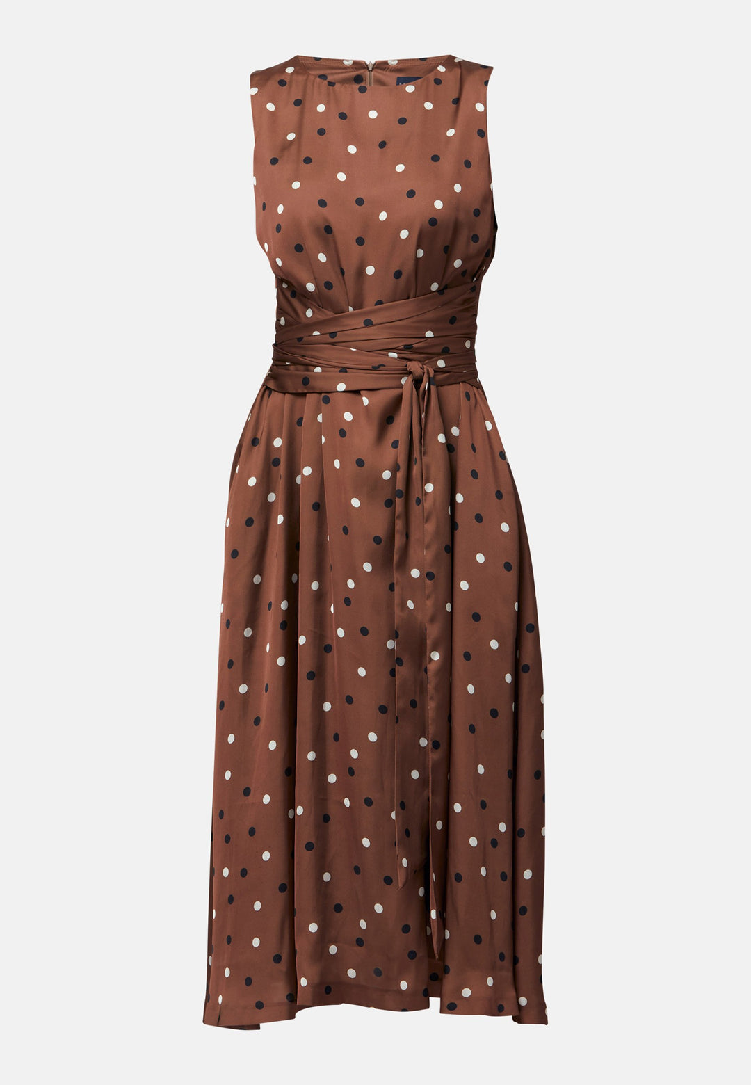 Have your very own Julia Roberts moment in our take of the iconic Pretty Woman polkadot dress. Avril is a sleeveless dress in a brown base, black and white polkadot print. The waist is accentuated with a gathered tied detail. Designed with a flattering empire line silhouette that gracefully skims the body, culminating in a chic mid-calf hemline. Perfect for date nights and semi-formal occasions.