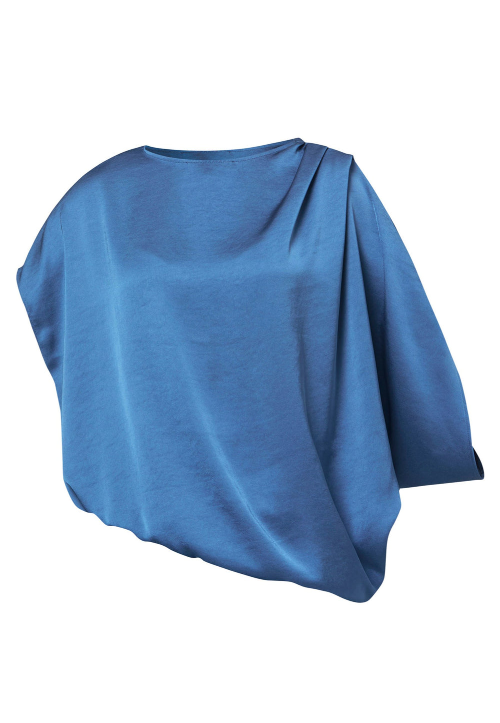 Woman wearing silk-touch satin in storm blue blouse