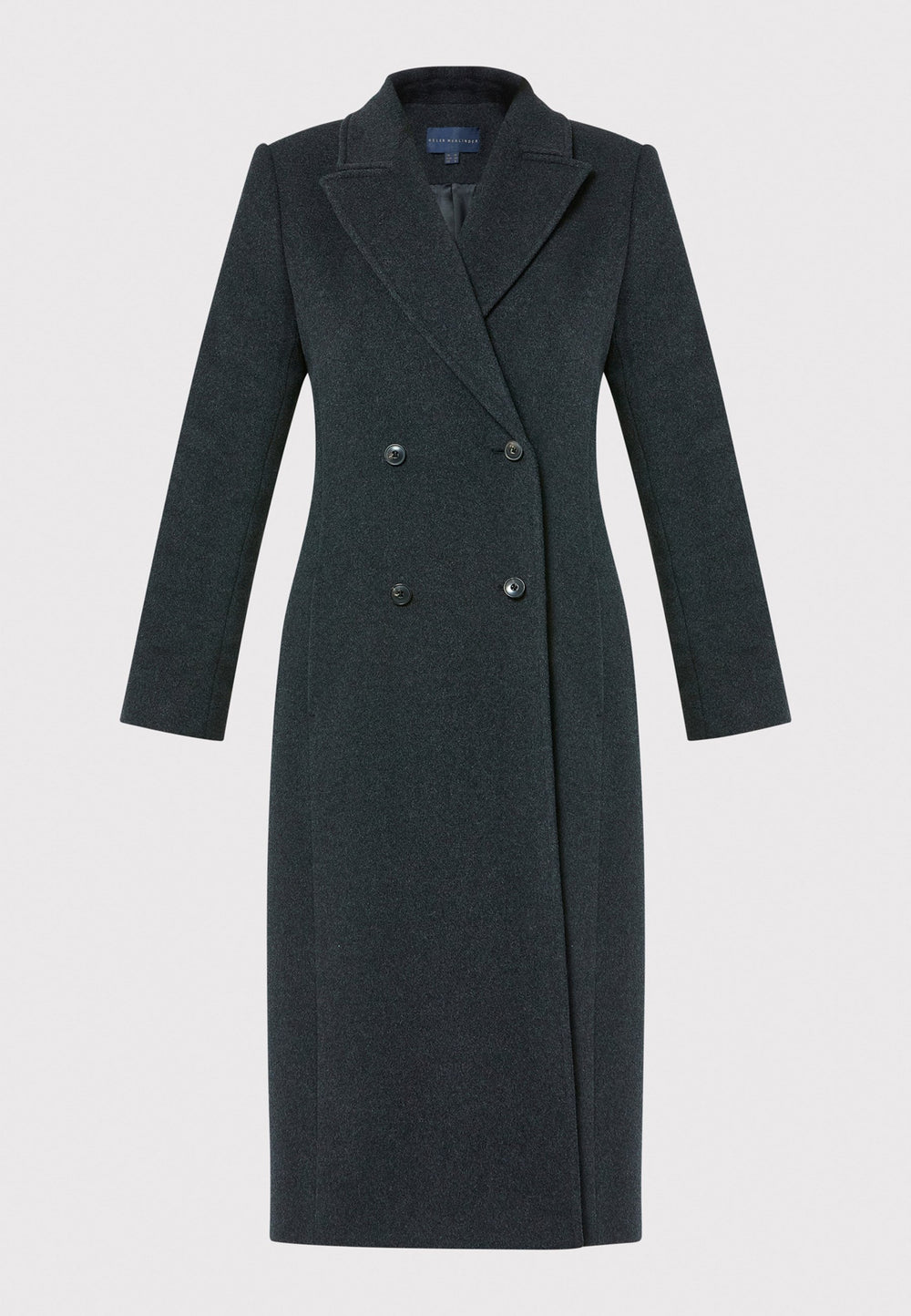 The Beryl charcoal grey coat is crafted from a luxurious wool and cashmere melton blend. This fitted double-breasted coat features peak lapels, simple side seam pockets, and an overlapping back slit. Perfect for both professional and casual settings, this versatile coat is a stylish wardrobe essential.