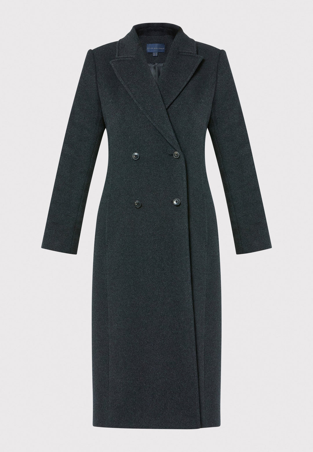 The Beryl charcoal grey coat is crafted from a luxurious wool and cashmere melton blend. This fitted double-breasted coat features peak lapels, simple side seam pockets, and an overlapping back slit. Perfect for both professional and casual settings, this versatile coat is a stylish wardrobe essential.