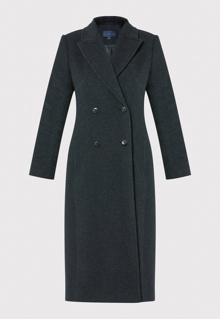 The Beryl charcoal grey coat is crafted from a luxurious wool and cashmere melton blend. This fitted double-breasted coat features peak lapels, simple side seam pockets, and an overlapping back slit. Perfect for both professional and casual settings, this versatile coat is a stylish wardrobe essential.