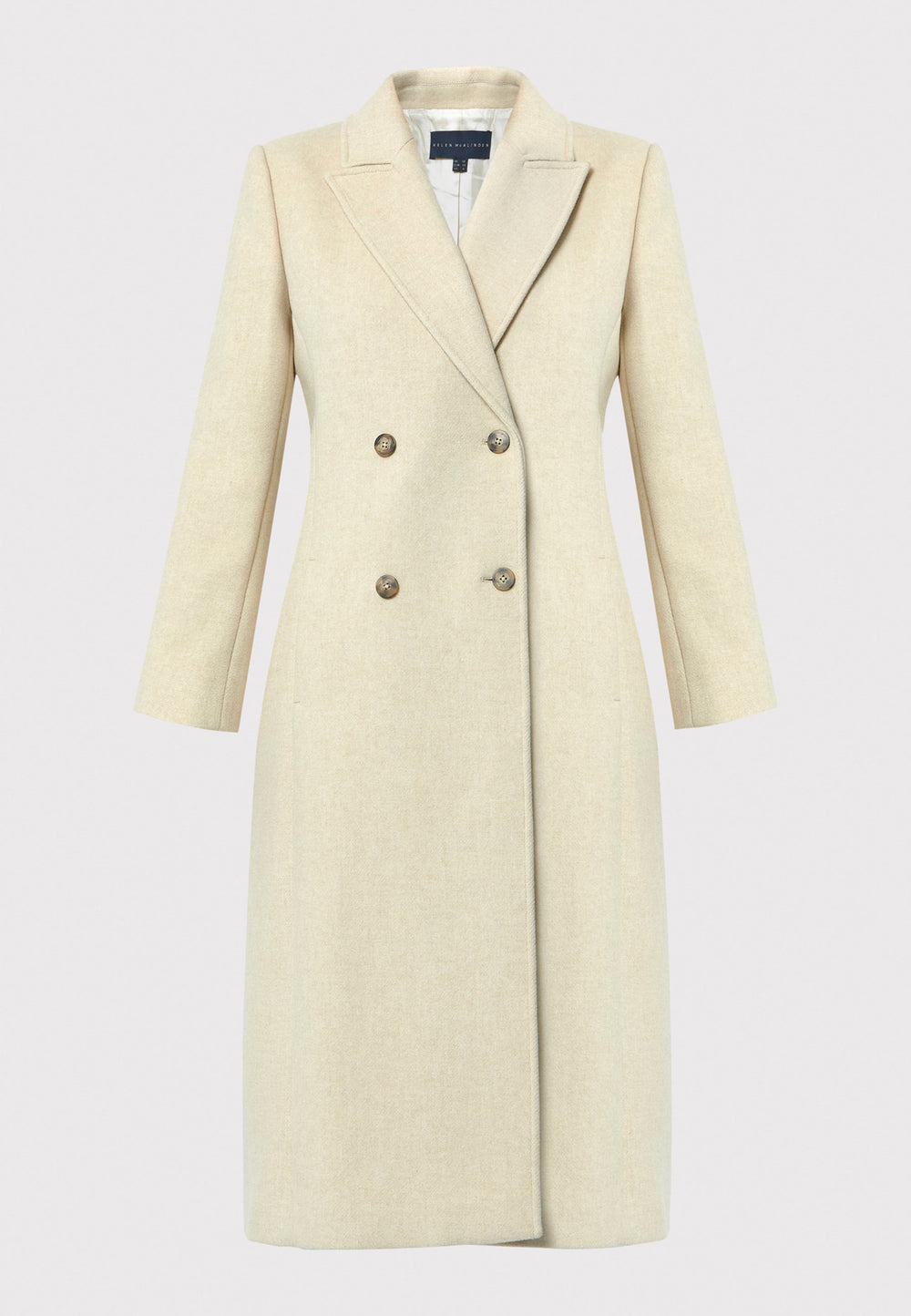 The Beryl winter white coat is crafted from a luxurious wool and cashmere blend melton. This fitted double-breasted coat features peak lapels, side seam pockets, and an overlapping back slit. Pair it with tailored trousers or a chic dress for a sophisticated winter look.