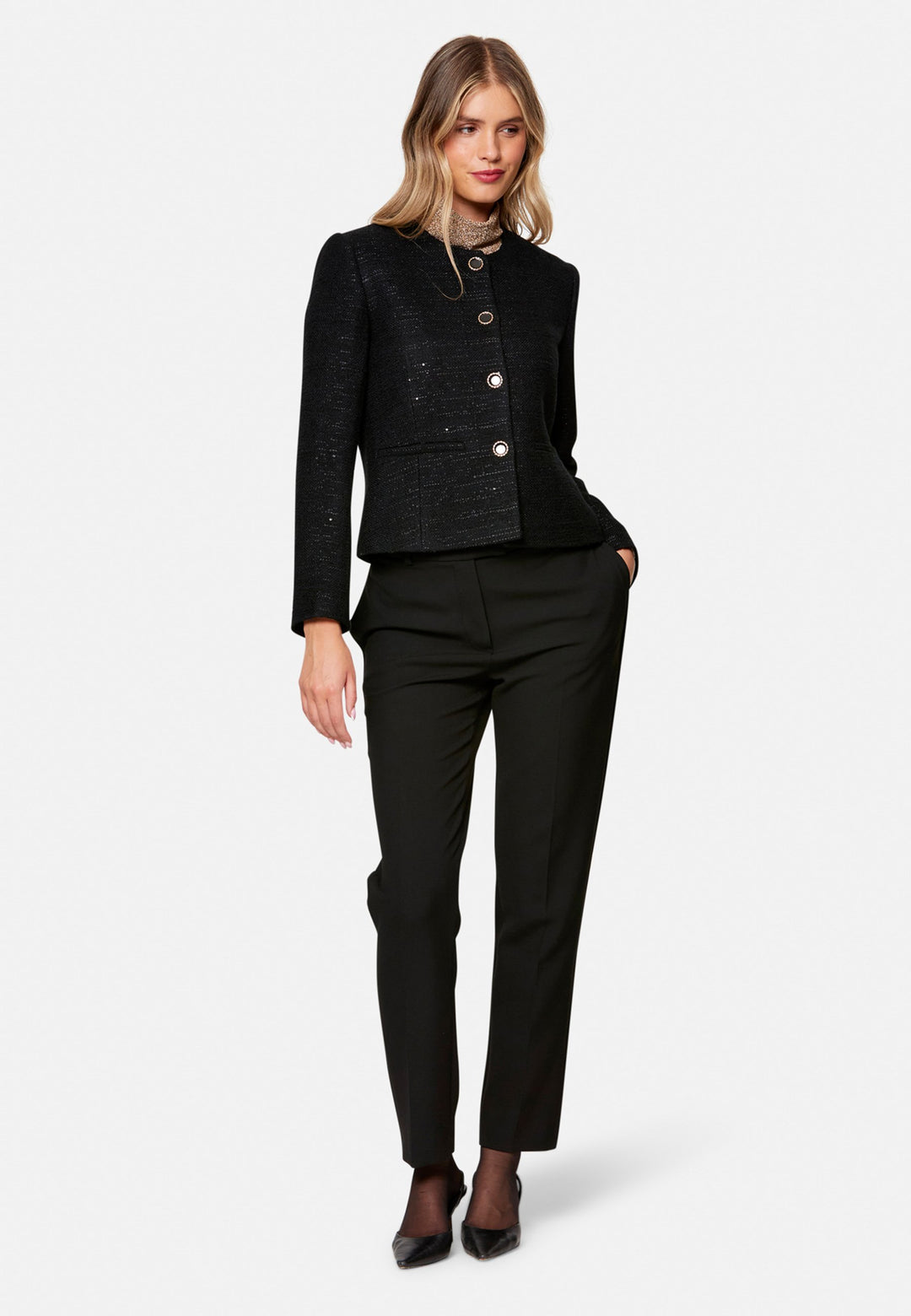 woman wearing black tweed jacket
