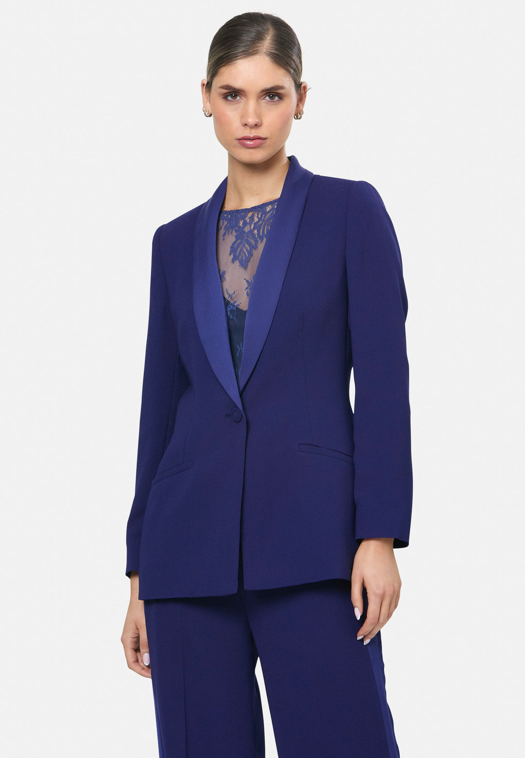 model wearing Darcie Ink Blue Tux Jacket