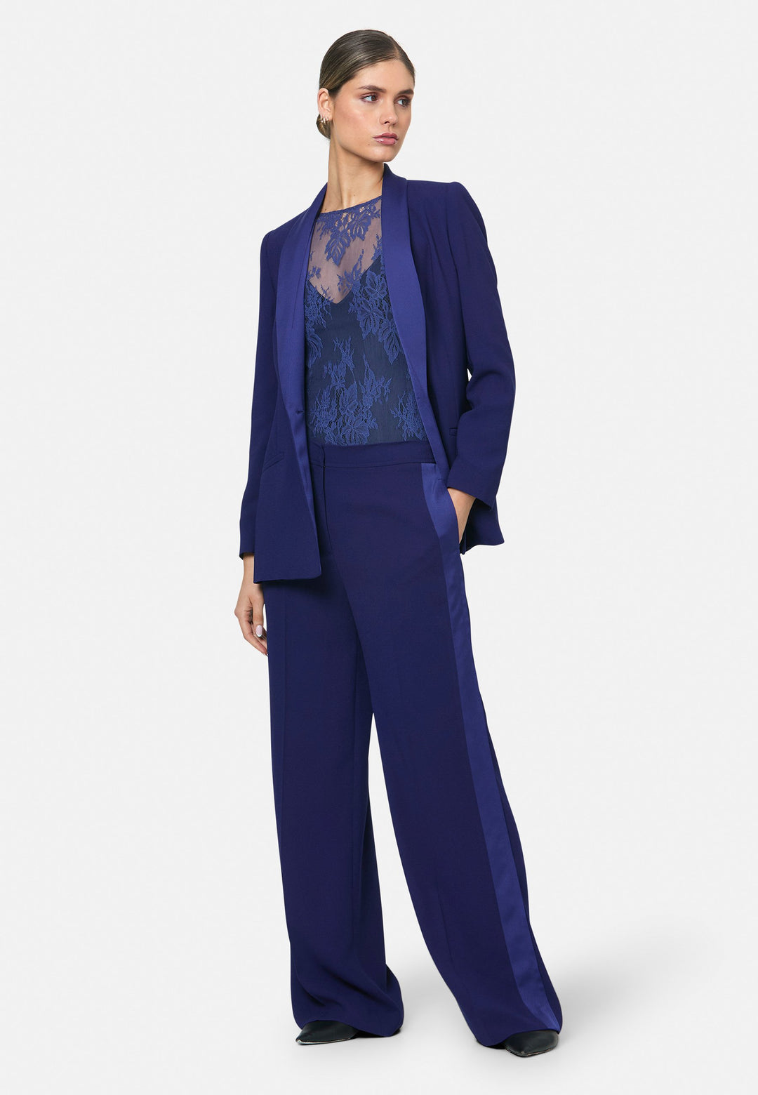 model wearing Darcie Ink Blue Tux Jacket