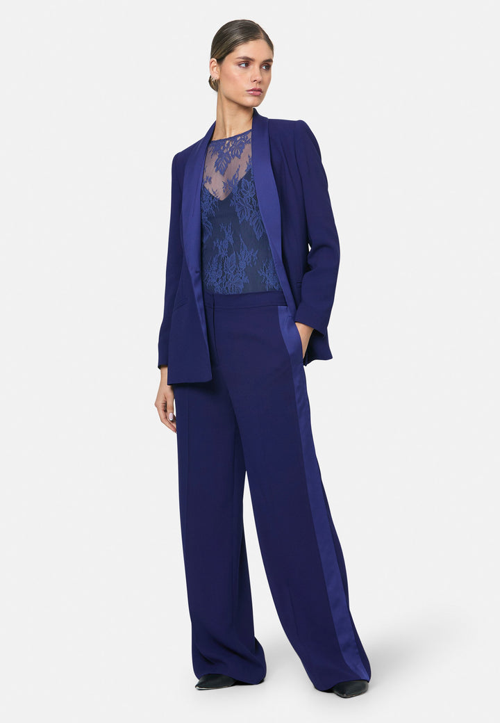model wearing Darcie Ink Blue Tux Jacket