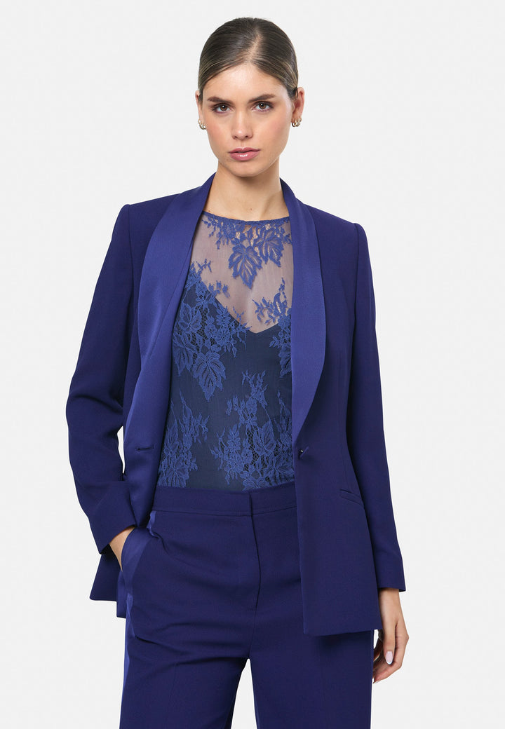model wearing Darcie Ink Blue Tux Jacket