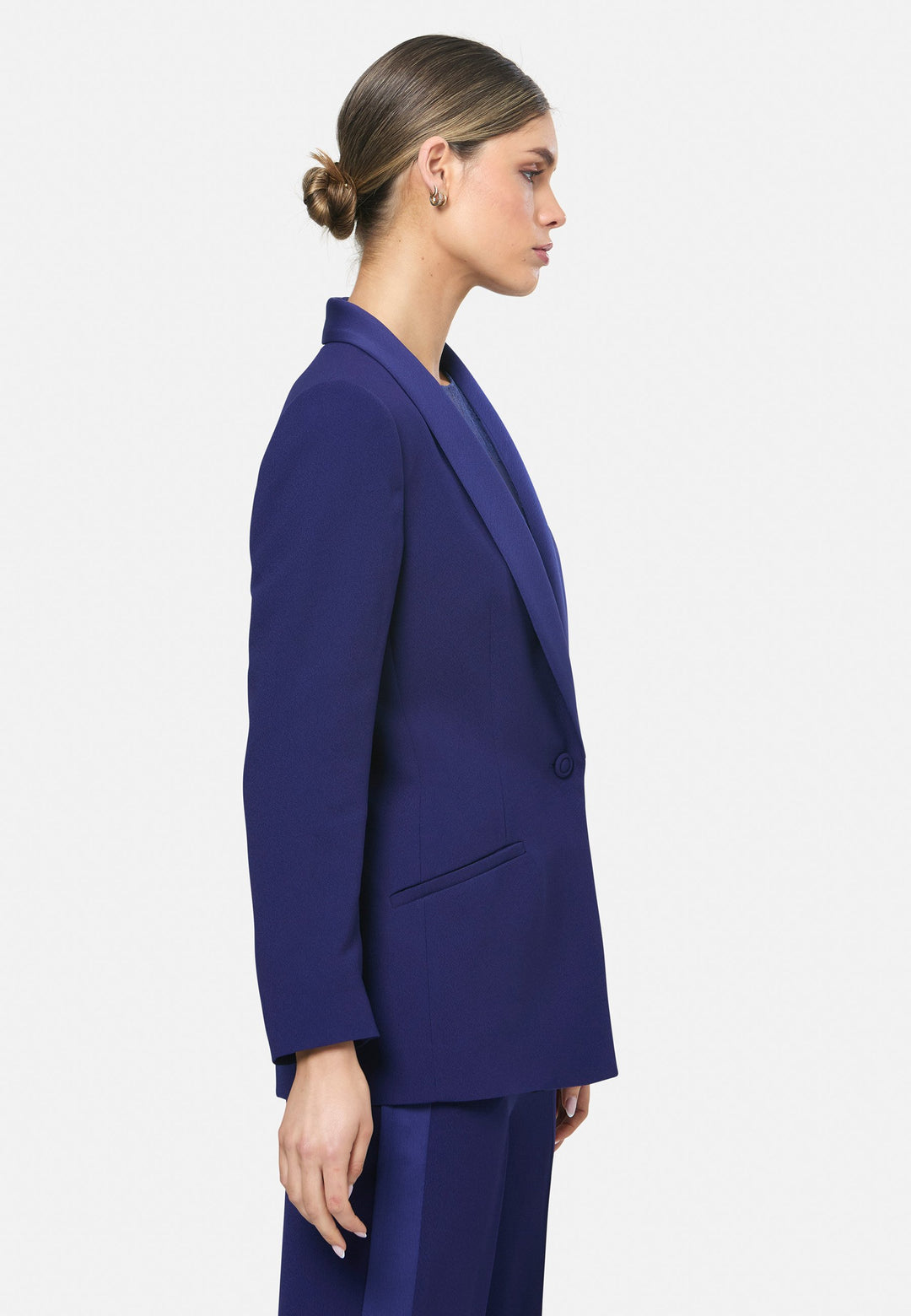 model wearing Darcie Ink Blue Tux Jacket