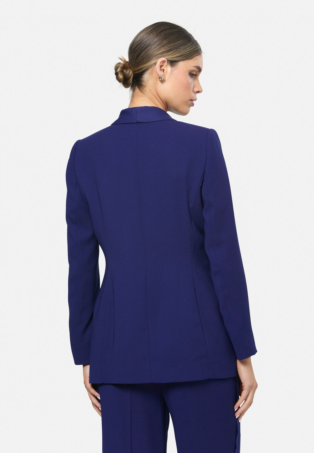 model wearing Darcie Ink Blue Tux Jacket