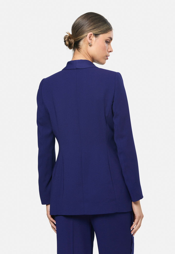 model wearing Darcie Ink Blue Tux Jacket