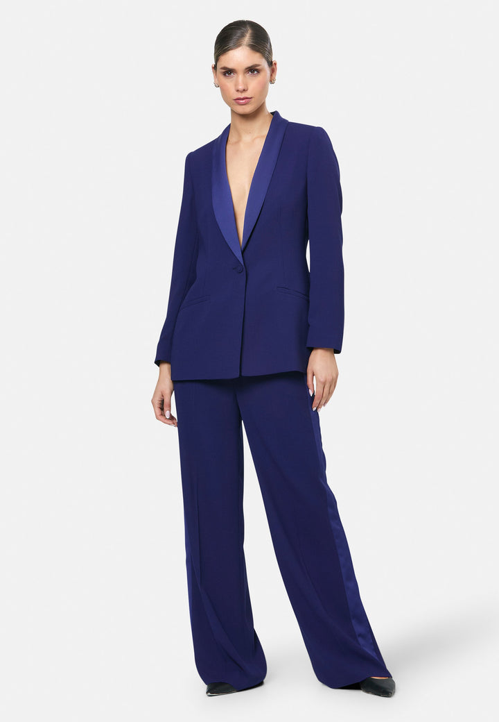 model wearing Darcie Ink Blue Tux Jacket
