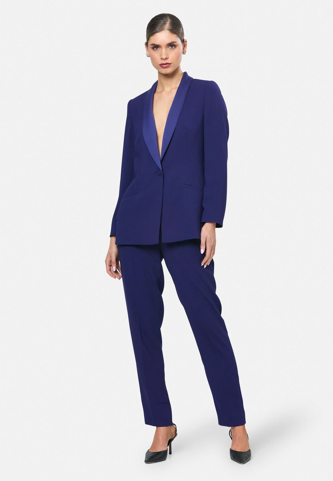 model wearing Darcie Ink Blue Tux Jacket