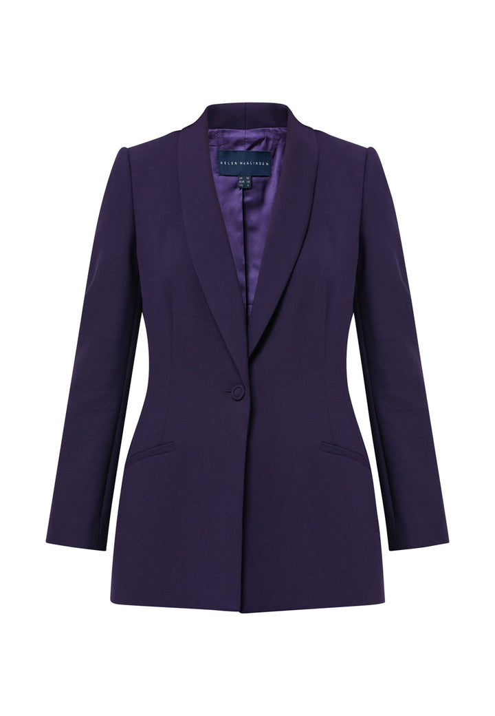 Introducing the Darcie Twilight Plum Jacket, a timeless expression of elegance. This impeccably tailored tuxedo jacket features a seamless shawl collar and welt pockets for a classic touch. The semi-fitted silhouette is enhanced by a single-button closure, ensuring a flattering and sophisticated look. Crafted from our signature tricotine with a hint of stretch, it promises comfort and ease. Complete your polished ensemble by pairing it with the matching Jill Twilight Plum Trouser.