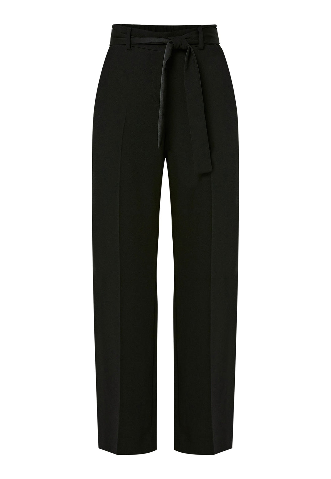 Delilah, Black flat front straight leg trouser with side seam pockets in fluid satin back crepe. Feature a detachable self-fabric belt and a satin stripe along the side seam of the leg. Coordinate with black sparkly tops or matching Lal top for a relaxed take on 'after six' dressing.