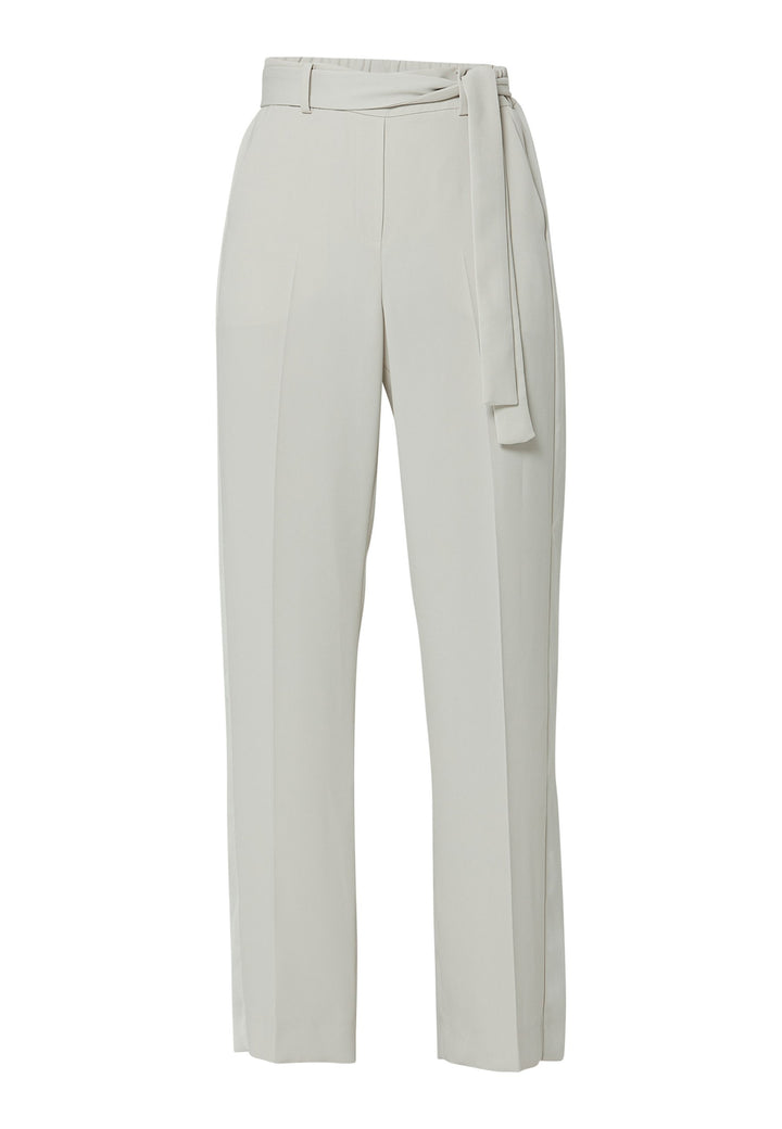 Delilah, Stone flat front straight leg trouser with side seam pockets in fluid satin back crepe. Feature a detachable self-fabric belt and a satin stripe along the side seam of the leg. Coordinate with the white timeless tops or matching Lal top for a relaxed take on 'after six' dressing.