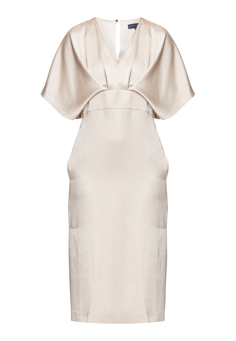 Eabha, the ivory dress with quiet glamour. Cut from fluid, silk-touch satin in a soft oyster hue, it frames the neckline with a gentle V and draped kimono sleeves, then gathers into under-bust pleats that flatter the waistline. The column midi skirt skims beautifully with discreet side seam pockets and slits for ease, finished with a neat keyhole back. Just add barely-there heels and gold jewellery.