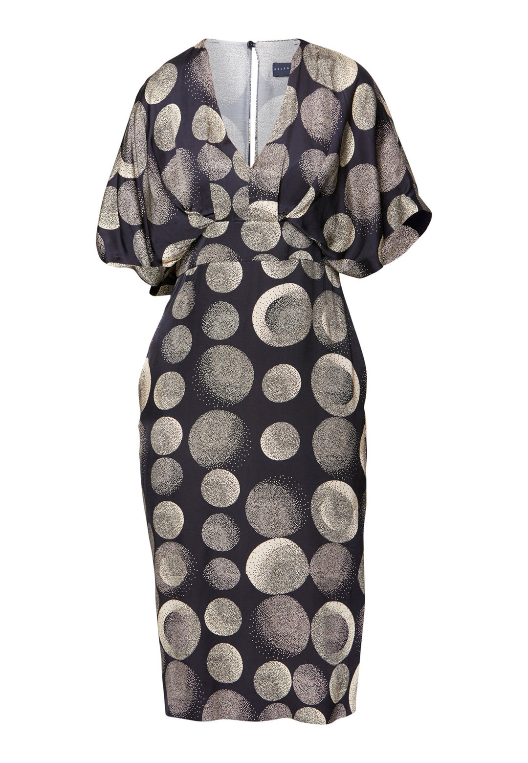 Eabha, the print dress with quiet drama. In fluid, silk-touch navy satin scattered with ivory lunar dots, it features a soft V-neckline, kimono sleeves and under-bust pleats that flatter the waistline. The column midi skirt is finished with discreet side seam pockets and a slit for ease, plus a neat keyhole back. Just add heels and minimal jewellery.