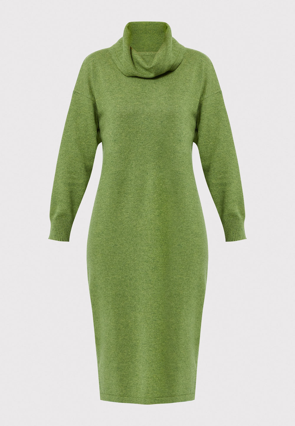 Have you met the Elora Chartreuse Green Cashmere Dress? A chic and versatile addition to your wardrobe. This midi-length dress features a loose, drapey polo neck, exuding effortless elegance. With full-length sleeves and tight ribbed cuffs, it offers a stylish yet comfortable fit. Crafted from luxurious cashmere, this dress effortlessly combines sophistication and comfort, making it the perfect go-to piece for any occasion.