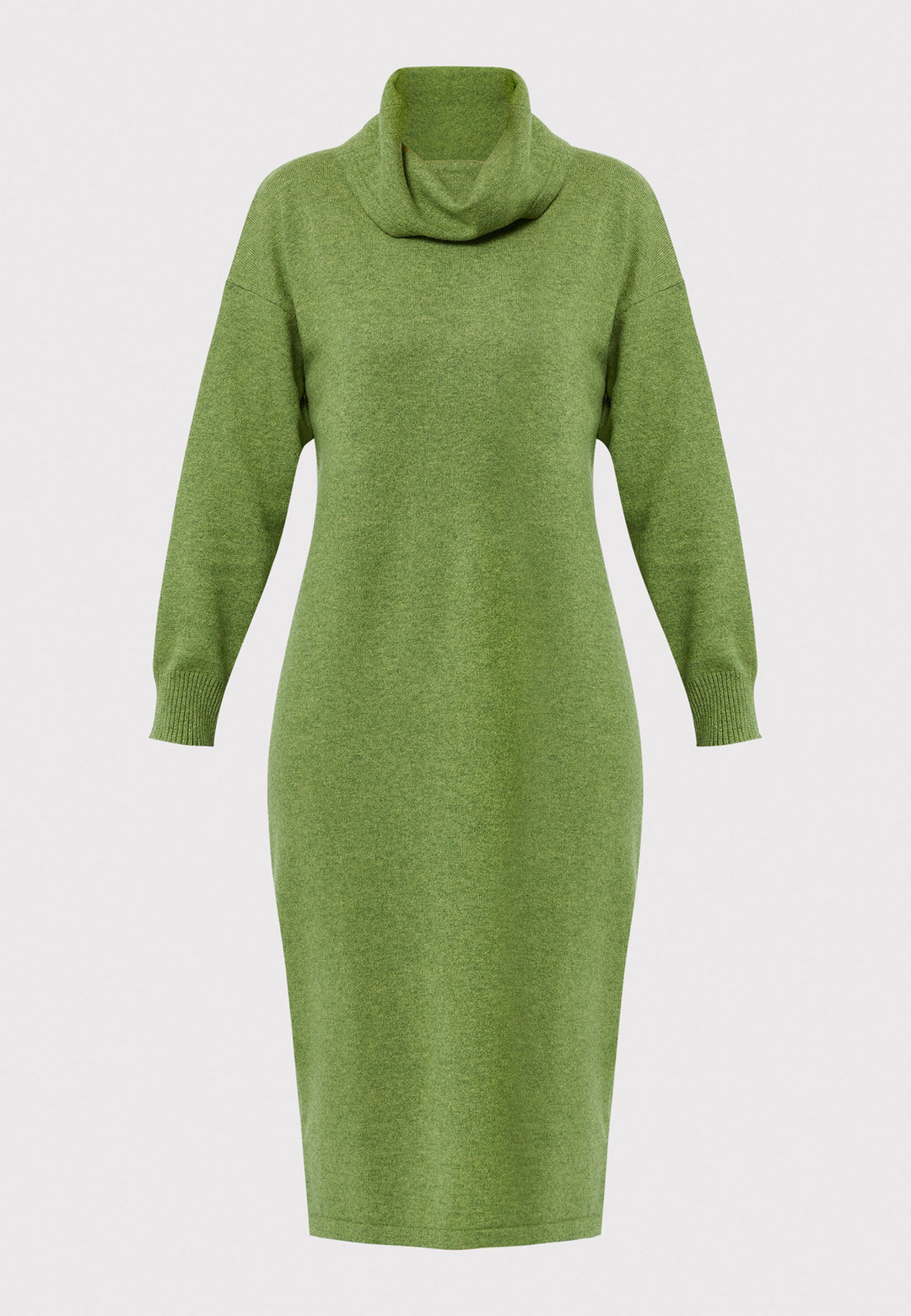 Have you met the Elora Chartreuse Green Cashmere Dress? A chic and versatile addition to your wardrobe. This midi-length dress features a loose, drapey polo neck, exuding effortless elegance. With full-length sleeves and tight ribbed cuffs, it offers a stylish yet comfortable fit. Crafted from luxurious cashmere, this dress effortlessly combines sophistication and comfort, making it the perfect go-to piece for any occasion.