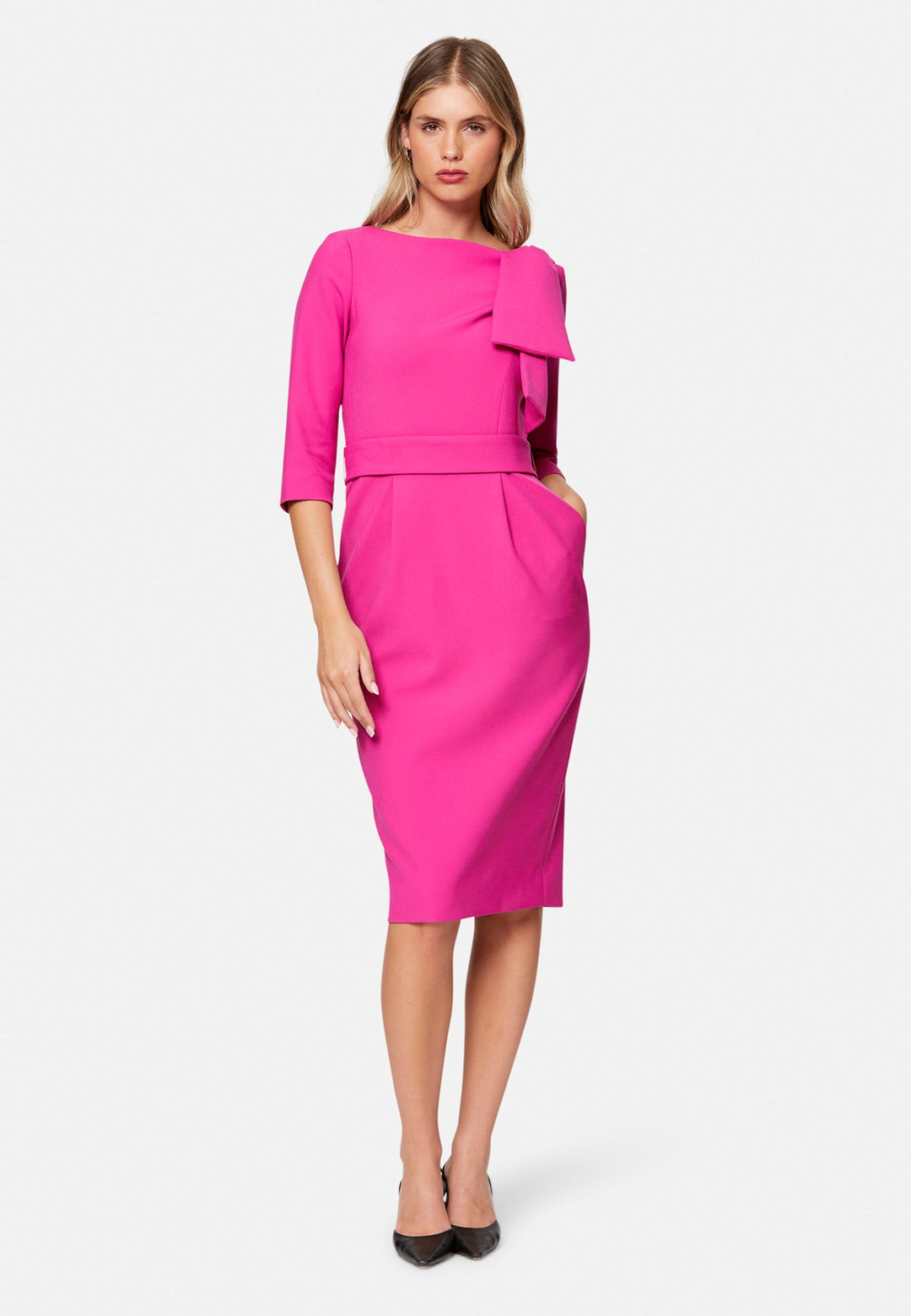 woman wearing pink pencil dress