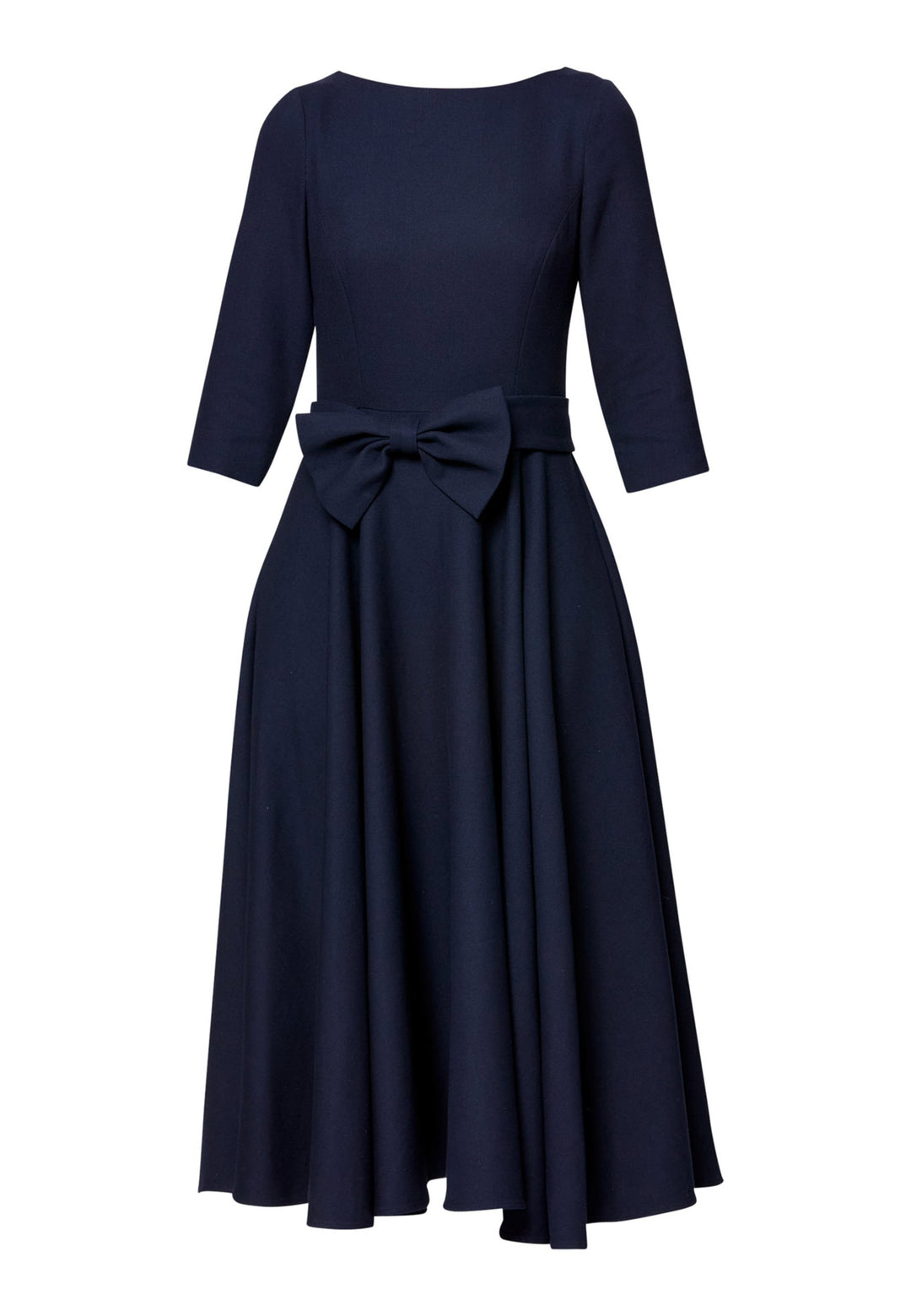 Eva, the modern fit-and-flare. Inspired by Hollywood glamour, this silhouette features a fitted bodice, flared skirt and a flattering scoop back. Designed with a round neckline, side seam pockets and a centre-back zip. The detachable bow belt adds a versatile finishing touch.