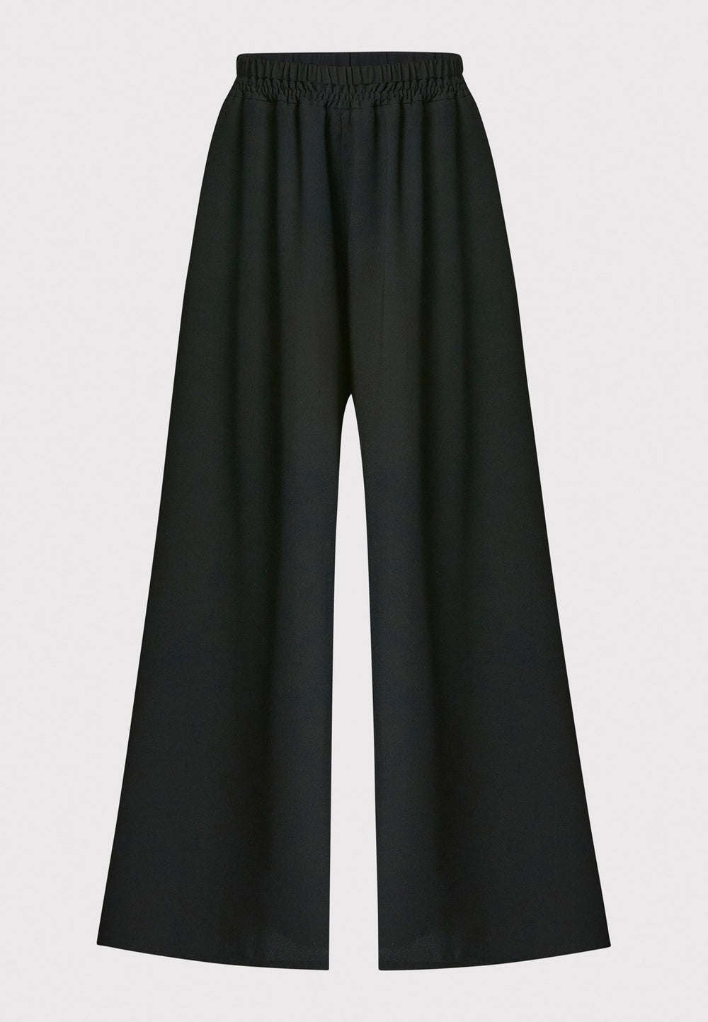 Imogen, black culottes in a fluid satin back crepe. Feature a flowy wide-leg, elasticated waistband and side pockets. A relaxed yet dressy look. Coordinate with black sparkly tops and matching Lydiah trench for a complete outfit.