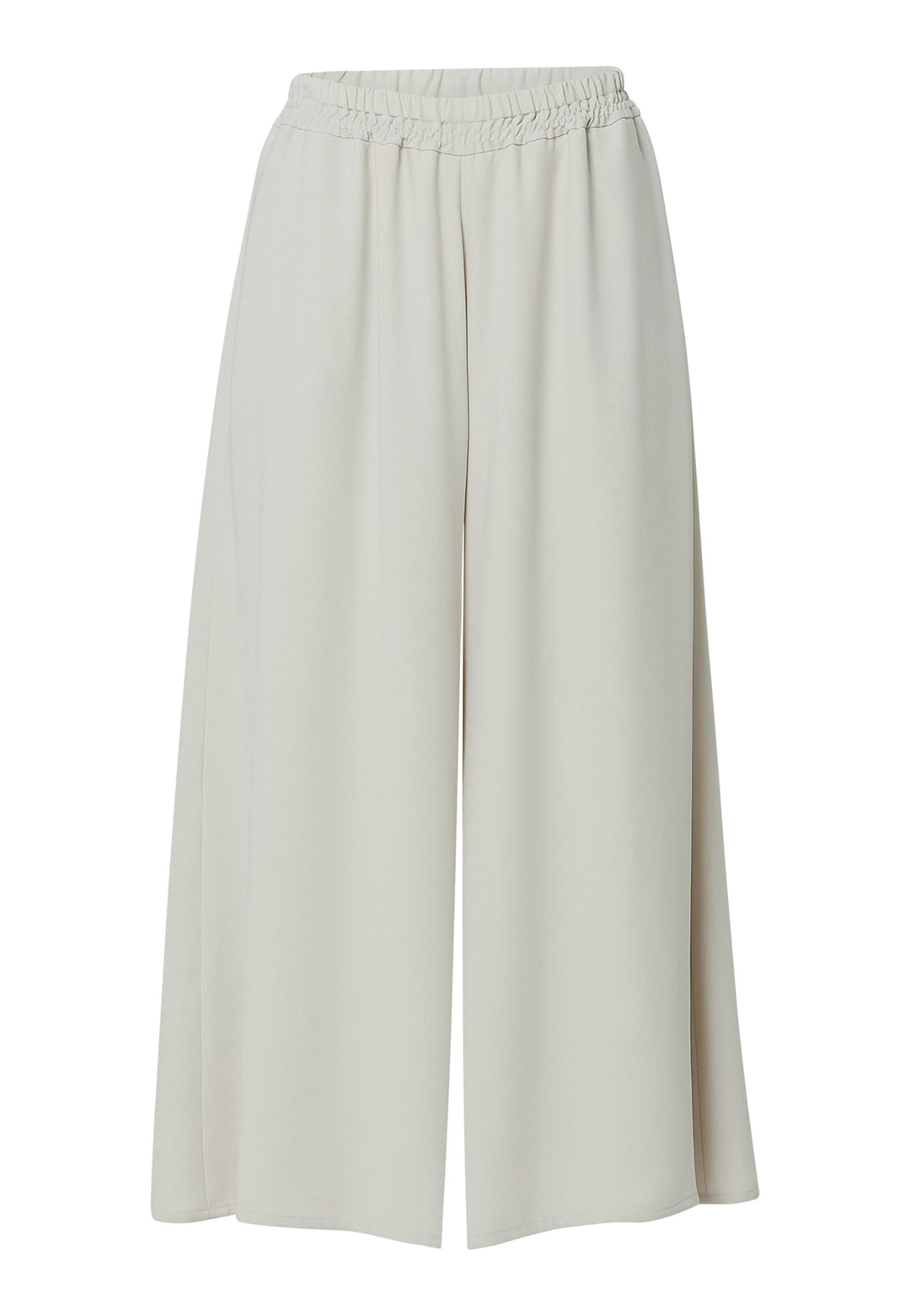 Imogen, Stone culottes in a fluid satin back crepe. Feature a flowy wide-leg, elasticated waistband and side pockets. A relaxed yet dressy look. Coordinate with white timeless tops and matching Lydiah trench for a complete outfit.