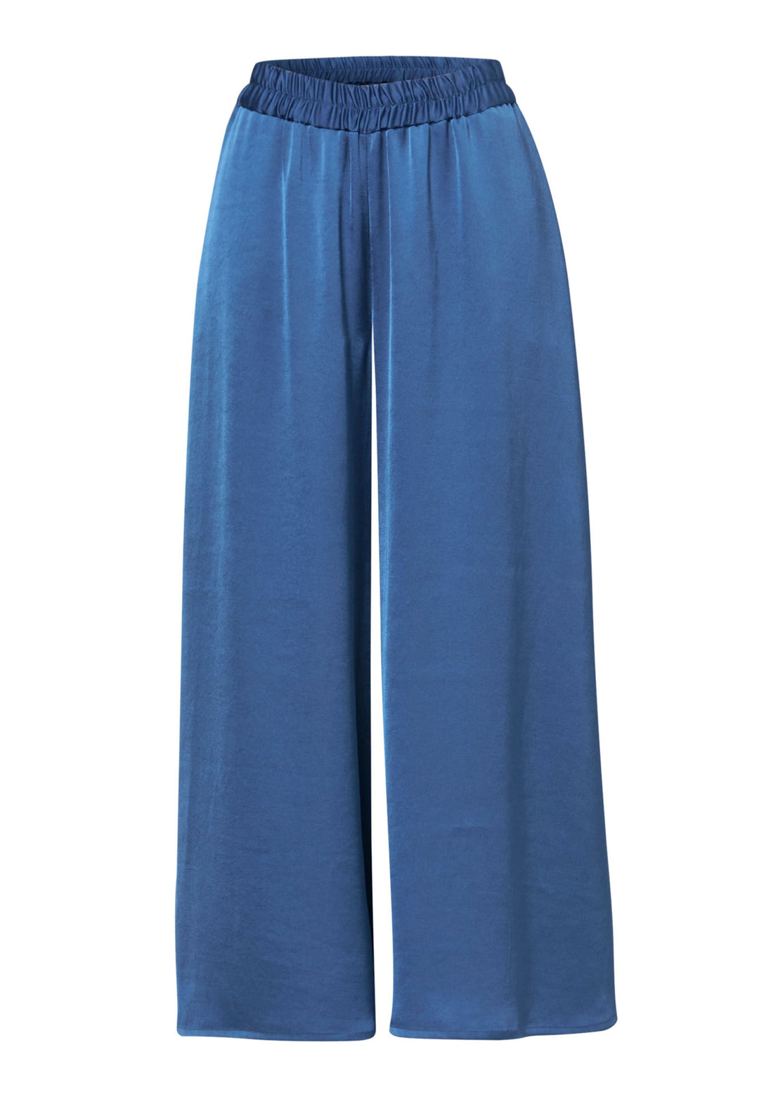 Woman wearing silk-touch satin in storm blue pants