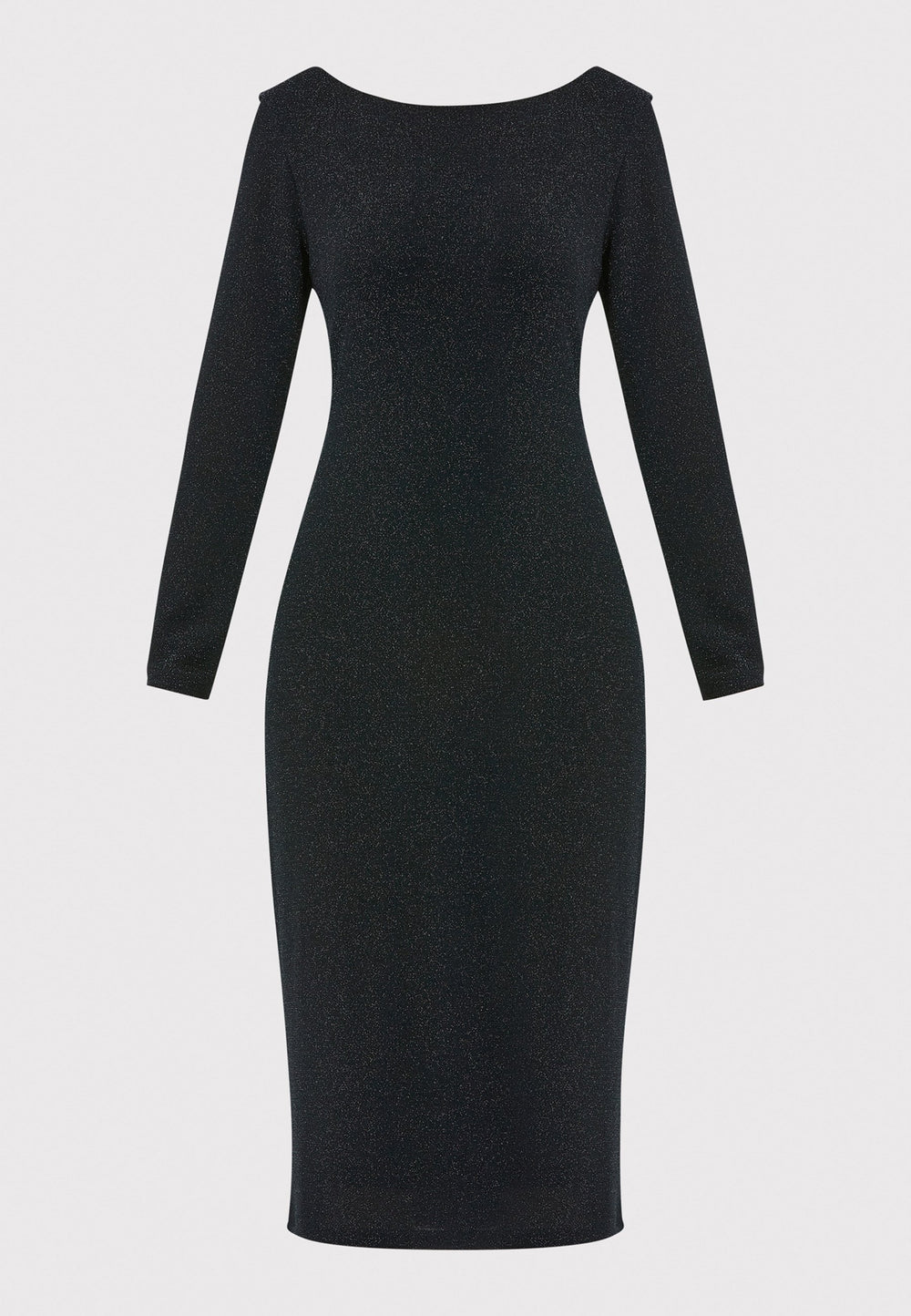 Introducing the Jamie Black Shimmer Dress, an elegant bodycon piece with full-length sleeves. Made from sparkly black jersey fabric, it features a slash neck with a slight V-back for added allure. Its midi length perfectly balances classic and modern styles. Ideal for any occasion, this dress adds a touch of glamour to your look.