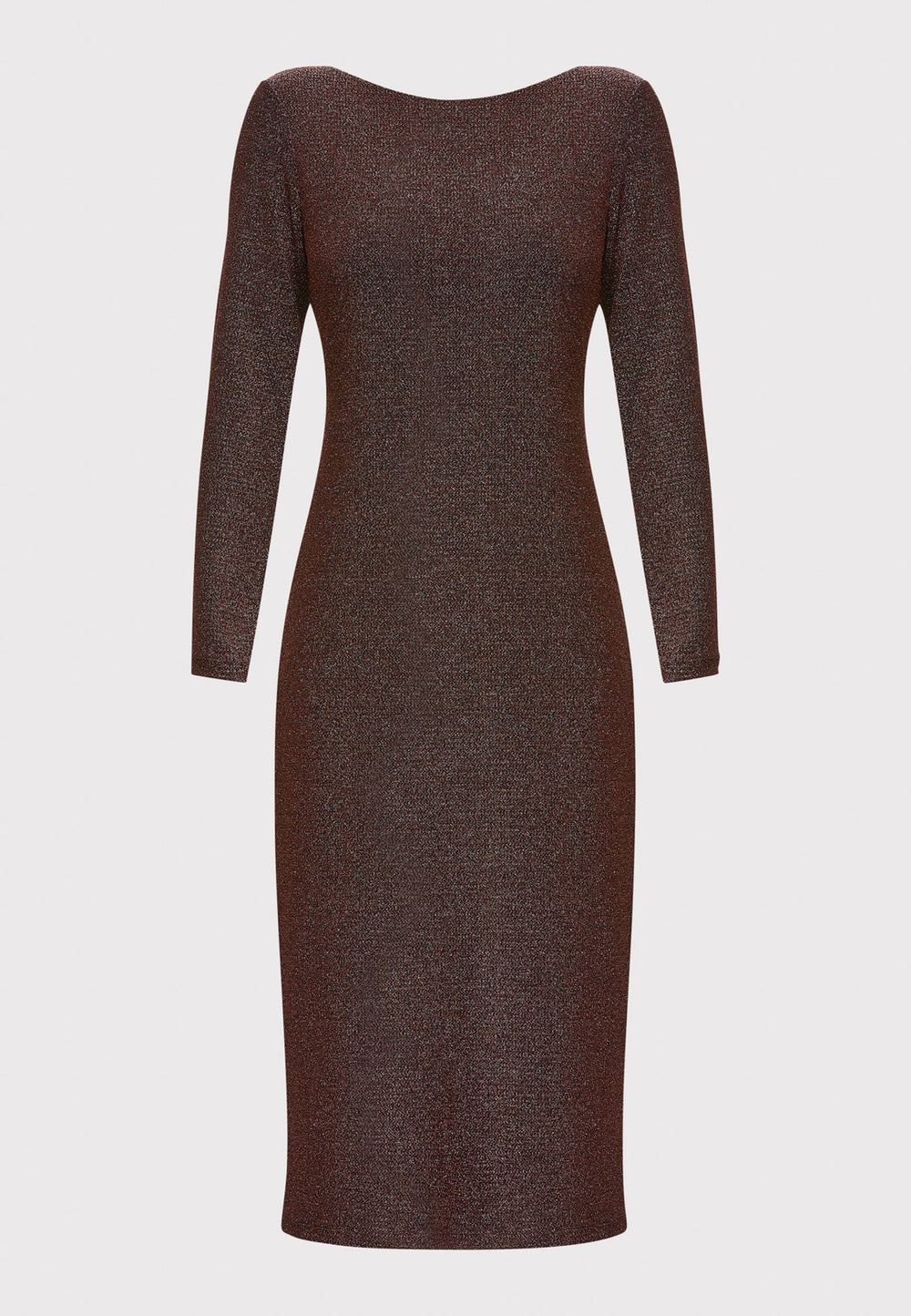 Introducing the Jamie Copper Shimmer Dress, an elegant bodycon piece with full-length sleeves. Made from sparkly black jersey fabric, it features a slash neck with a slight V-back for added allure. Its midi length perfectly balances classic and modern styles. Ideal for any occasion, this dress adds a touch of glamour to your look.