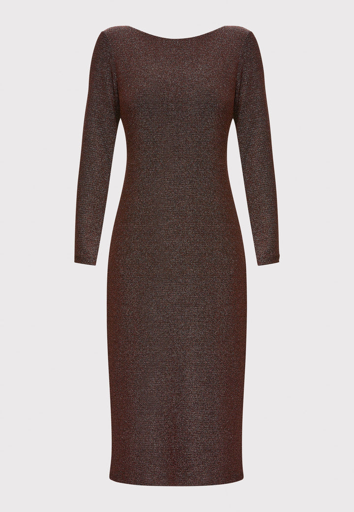 Introducing the Jamie Copper Shimmer Dress, an elegant bodycon piece with full-length sleeves. Made from sparkly black jersey fabric, it features a slash neck with a slight V-back for added allure. Its midi length perfectly balances classic and modern styles. Ideal for any occasion, this dress adds a touch of glamour to your look.