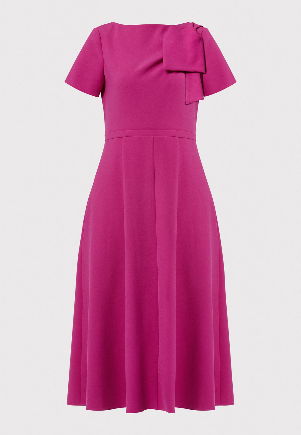 Introducing the Laoise pink dress, a refined statement piece for special occasions. Featuring short sleeves, a fitted bodice, and an elegant shoulder bow detail, this dress has a flattering A-line shape with a cascading paneled skirt. Designed with side seam pockets and a back zip for ease, it combines comfort and sophistication, making it perfect for races, weddings and formal events.