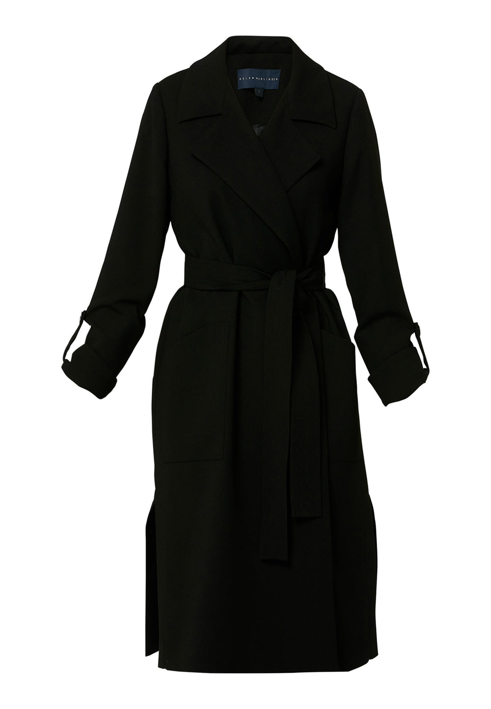 Lydiah, black trench coat in a fluid satin back crepe. This coat features a relaxed, flowing silhouette, a self-tie belt, and front pockets. The design includes buttoned cuffs and a wide lapel. Pair with coordinating trouser for a chic monochromatic look.