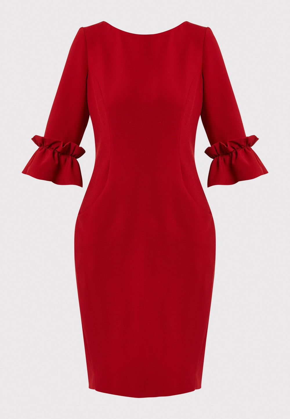 The Maisie Garnet Red Dress, impeccably tailored from signature tricotine fabric with a hint of stretch. This body-skimming silhouette features a round neck and bracelet-length sleeves complemented by exaggerated frill cuffs, ideal for evening cocktails, a night at the theatre, or a stylish winter wedding.