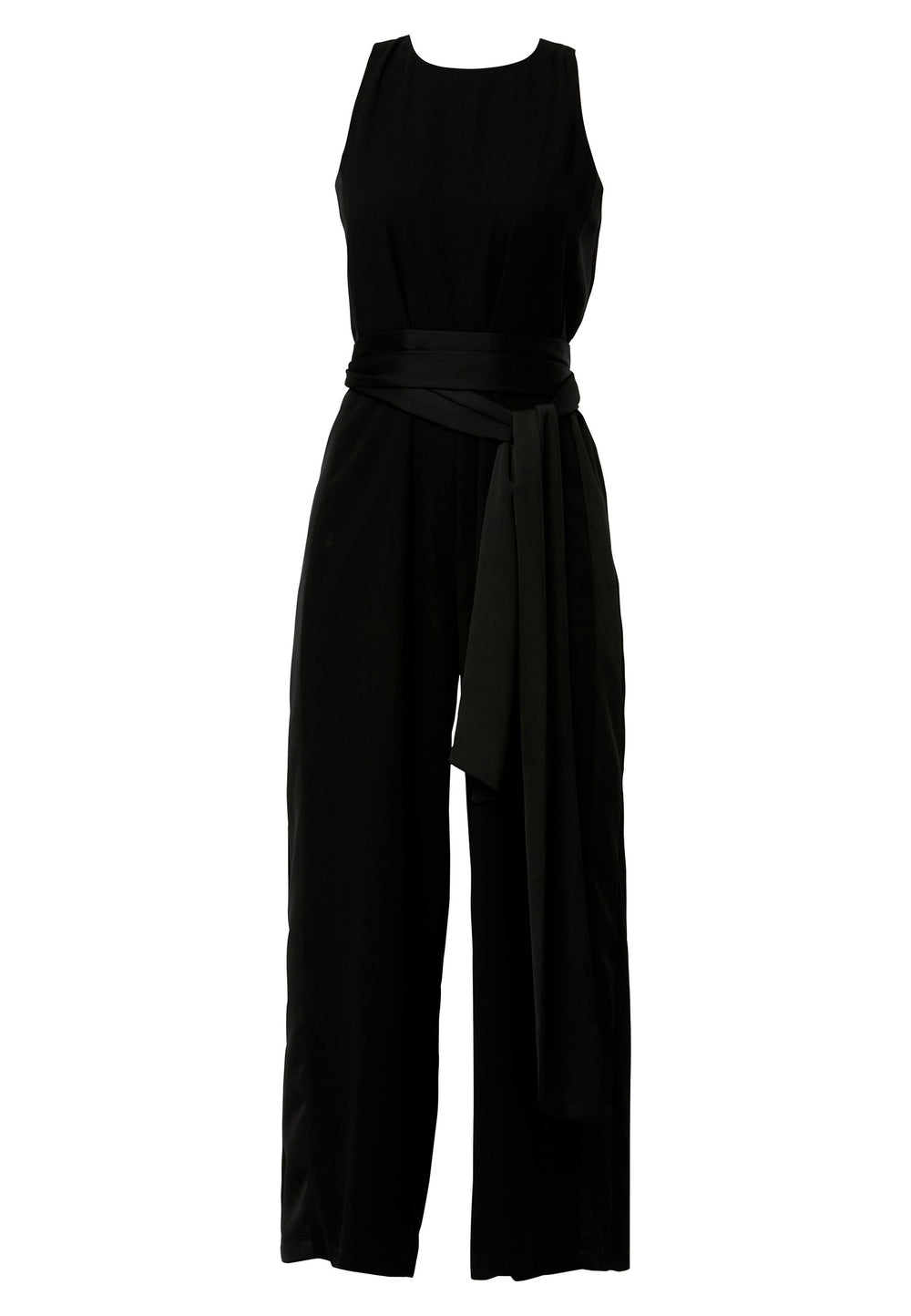 Marie-Claire, a sleeveless black jumpsuit in fluid satin back crepe. Featuring a wide-leg silhouette and satin stripes on the side seams. It comes with a detachable self-fabric belt that can be used to cinch the waist or worn around the neck. Includes practical side pockets for added convenience. Perfect for relaxed yet sophisticated evening dressing.