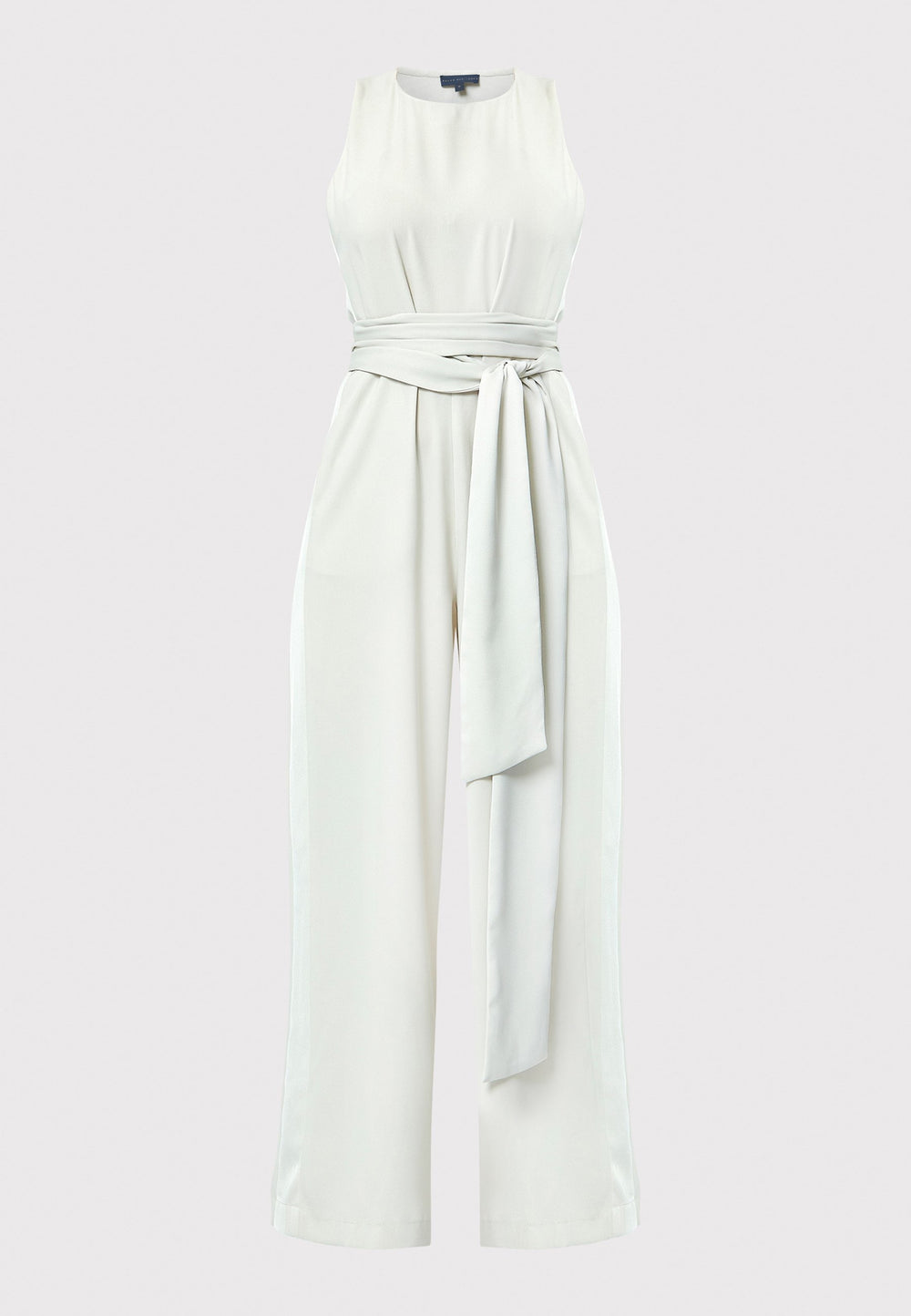 Marie-Claire, a sleeveless stone jumpsuit in fluid satin back crepe. Featuring a wide-leg silhouette and satin stripes on the side seams. It comes with a detachable self-fabric belt that can be used to cinch the waist or worn around the neck. Includes practical side pockets for added convenience. Perfect for relaxed yet sophisticated evening dressing.