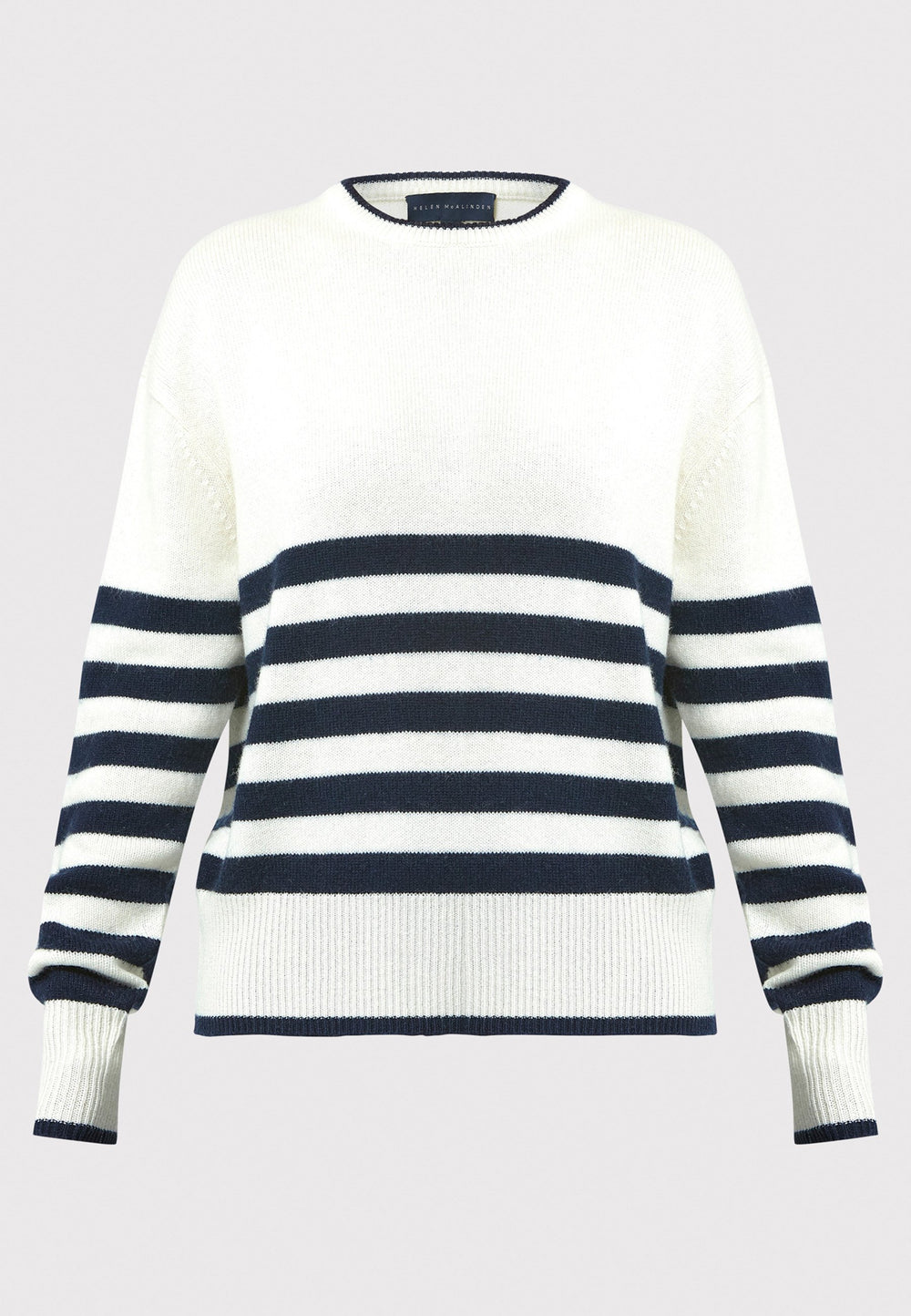 The Marine Stripe Sweater is a luxurious blend of extra fine merino wool and cashmere, ensuring a soft and warm experience.