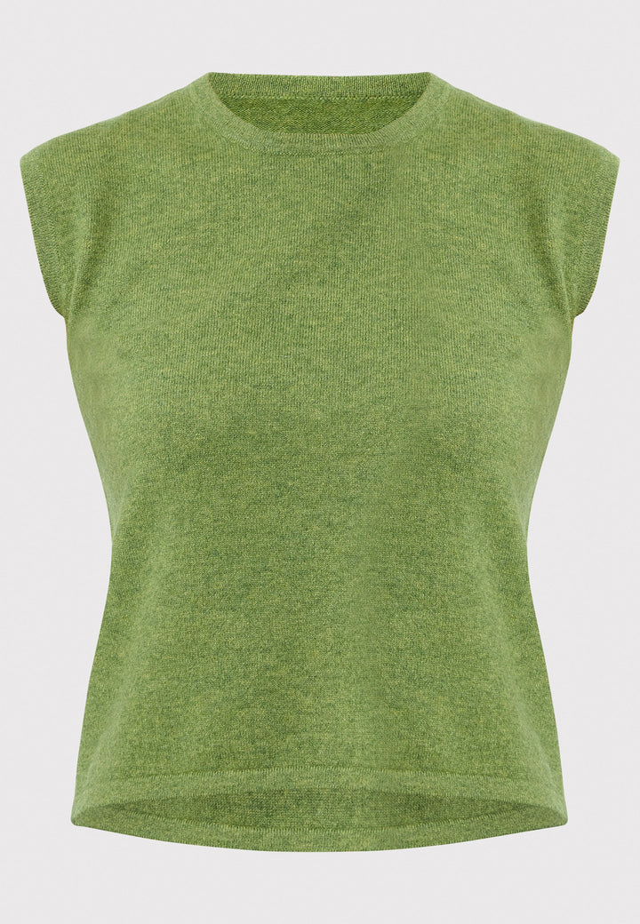 The Marlena Chartreuse Green Cashmere Sweater-Vest is a sleeveless, round-neck top that offers versatile styling options. Wear it as a simple underpinning for the matching Greta cardigan to complete a coordinated look. Alternatively, layer it as a sweater vest over your favorite crisp white shirts for a stylish and contemporary outfit. Made from luxurious cashmere, the Marlena Sweater-Vest adds an extra layer of comfort and sophistication to your wardrobe.