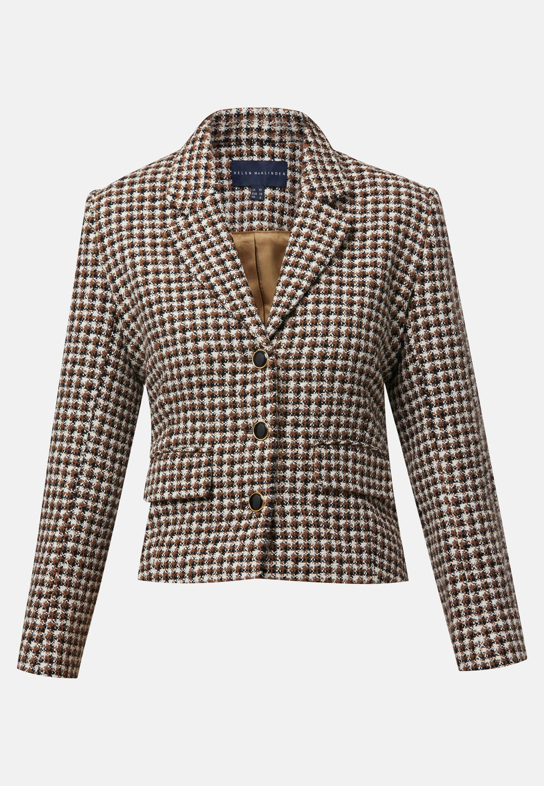 This bouclé tailored blazer features a classic houndstooth pattern in earthy brown, black, and white tones. Designed with a structured fit, it includes a notched lapel, three-button front closure, and flap pockets for a timeless look. Perfect for elevating both office and casual outfits.