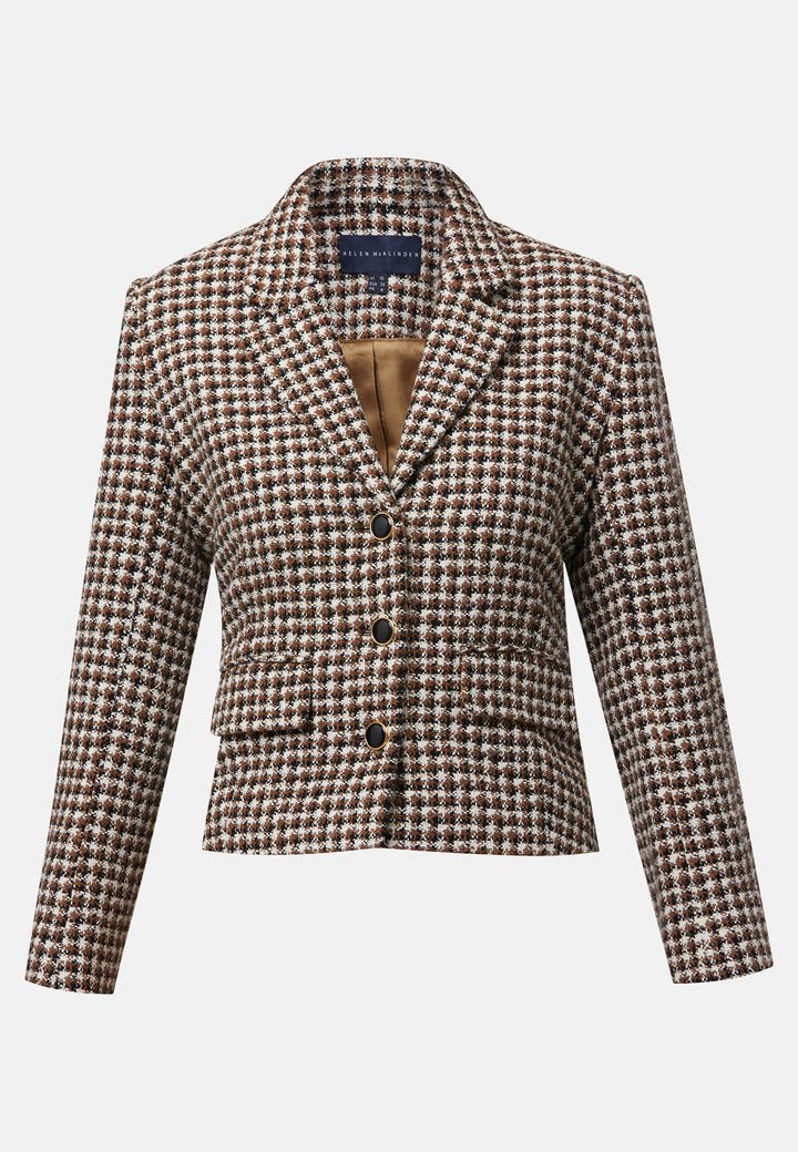 This bouclé tailored blazer features a classic houndstooth pattern in earthy brown, black, and white tones. Designed with a structured fit, it includes a notched lapel, three-button front closure, and flap pockets for a timeless look. Perfect for elevating both office and casual outfits.