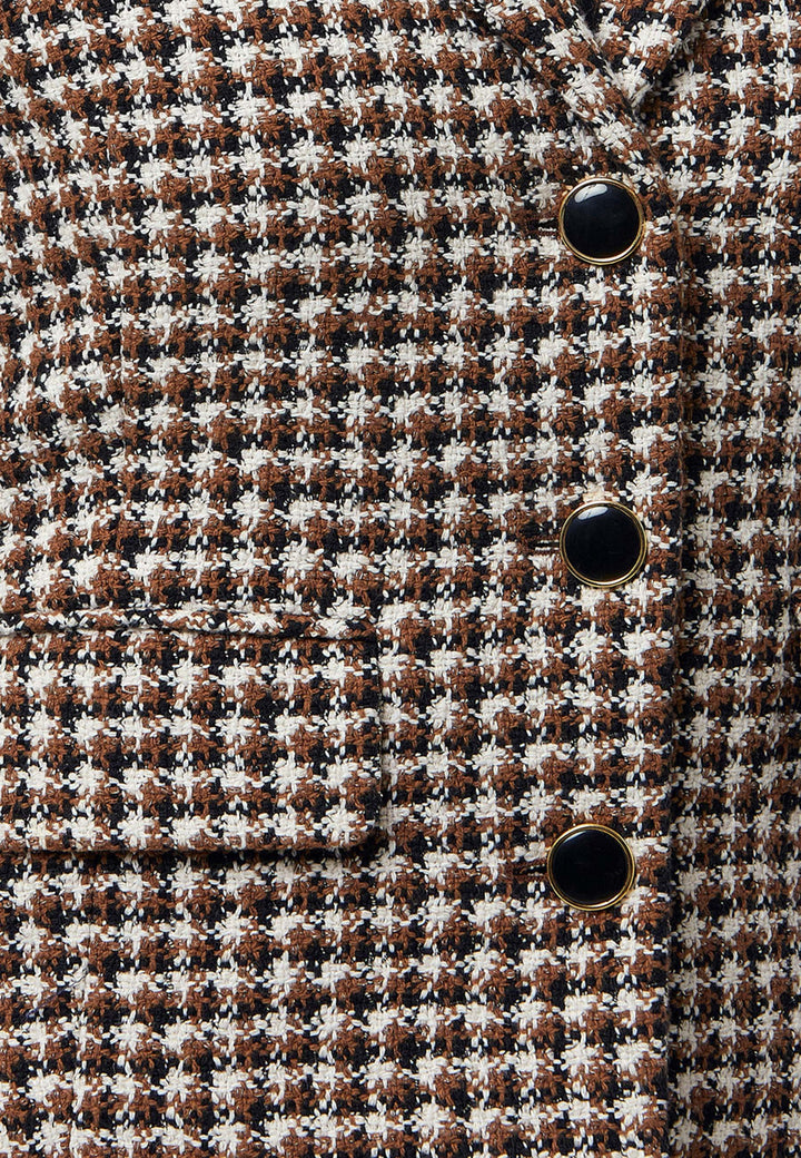 This bouclé tailored blazer features a classic houndstooth pattern in earthy brown, black, and white tones. Designed with a structured fit, it includes a notched lapel, three-button front closure, and flap pockets for a timeless look. Perfect for elevating both office and casual outfits.