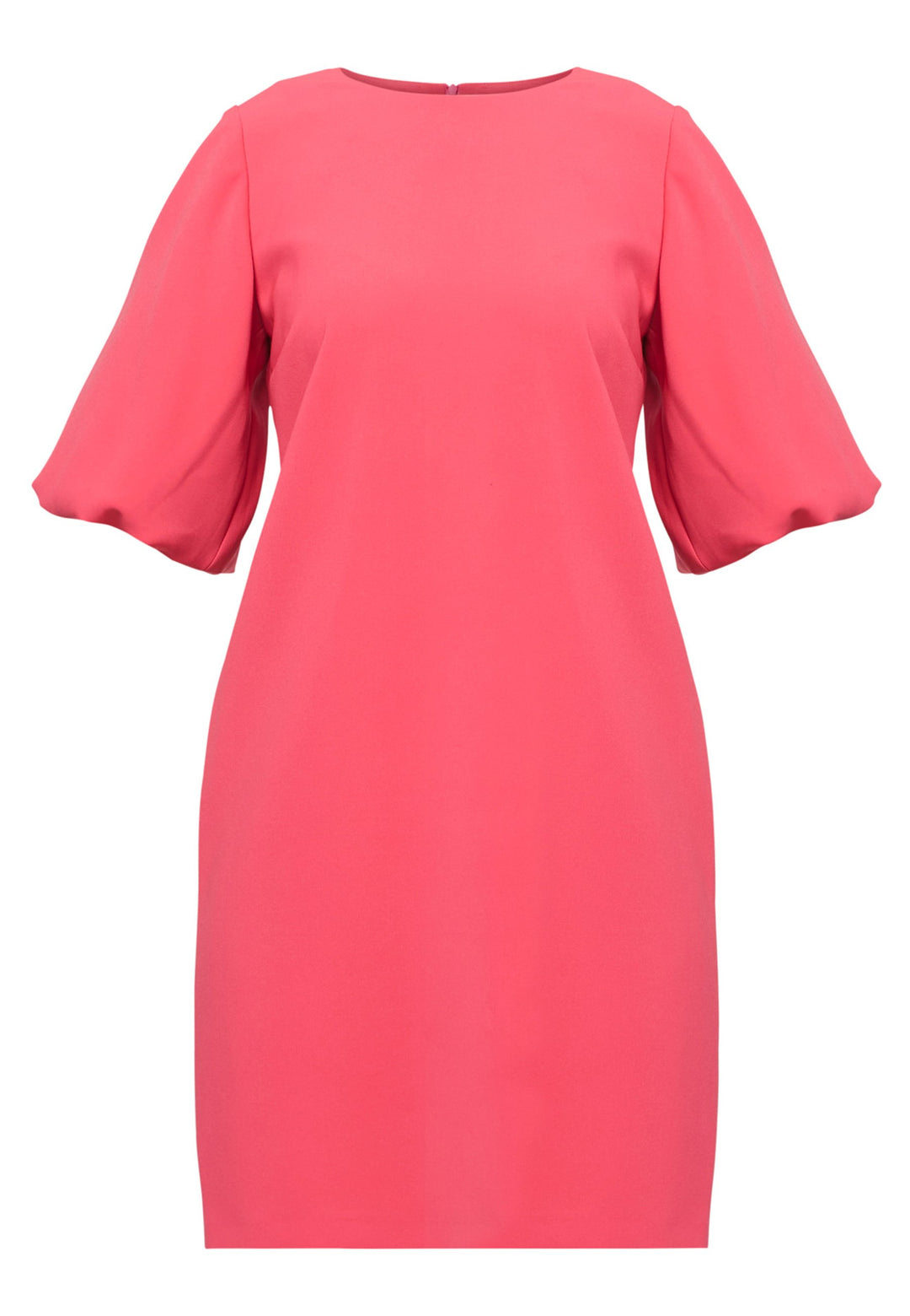 Mia, a chic short-shift dress in a fun watermelon pink hue. This feminine piece features a timeless silhouette with voluminous three-quarter puff sleeves and a round neckline. Its clean lines and relaxed fit make it ideal for both daytime outings and evening occasions.