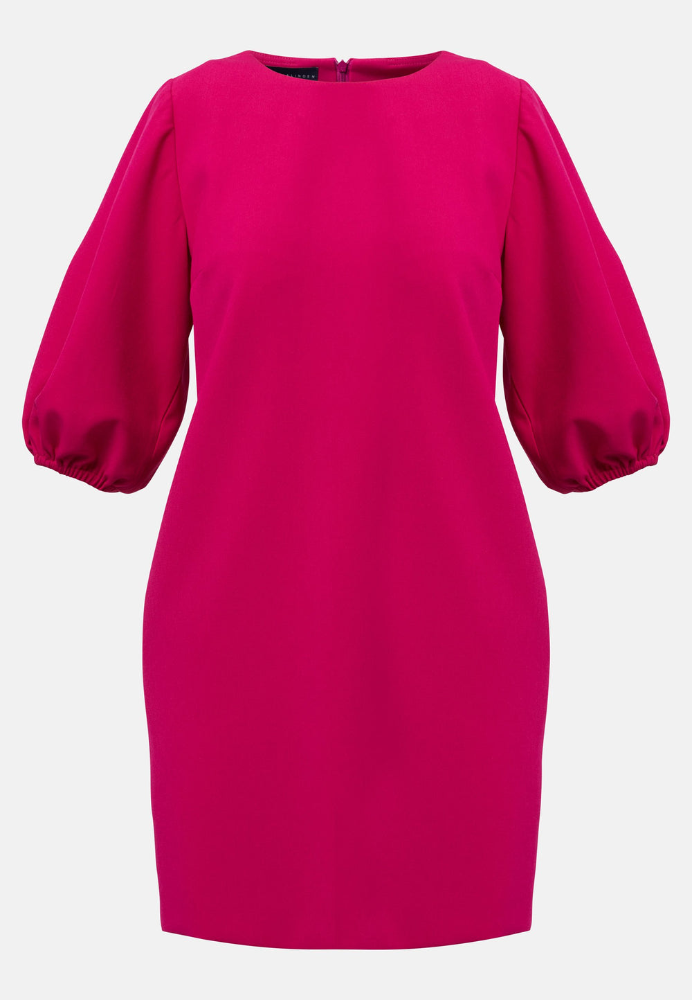 Mila, a chic short-shift dress in bold Fuchsia. This feminine piece features a timeless silhouette with voluminous three-quarter puff sleeves and a round neckline.