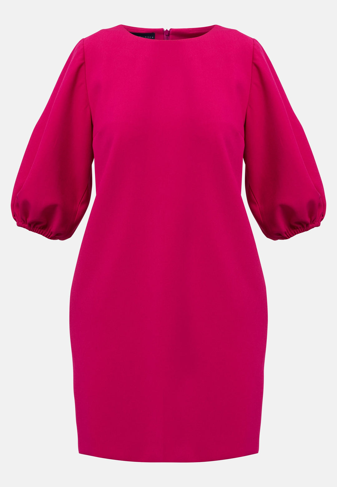 Mila, a chic short-shift dress in bold Fuchsia. This feminine piece features a timeless silhouette with voluminous three-quarter puff sleeves and a round neckline.